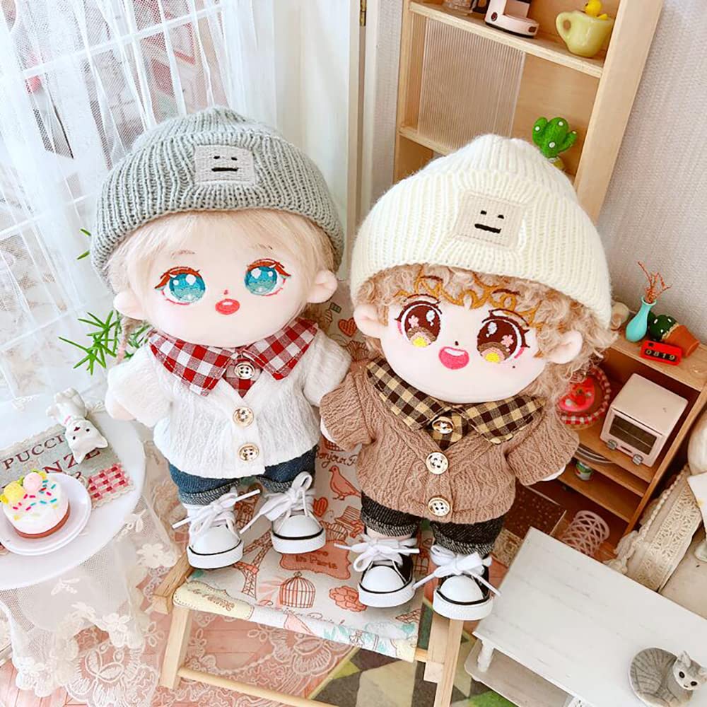 Niannyyhouse 7.8In/20Cm Plush Doll Clothes Hat Button Sweater Denim Flanging Jeans Doll Dressup (White+Brown)