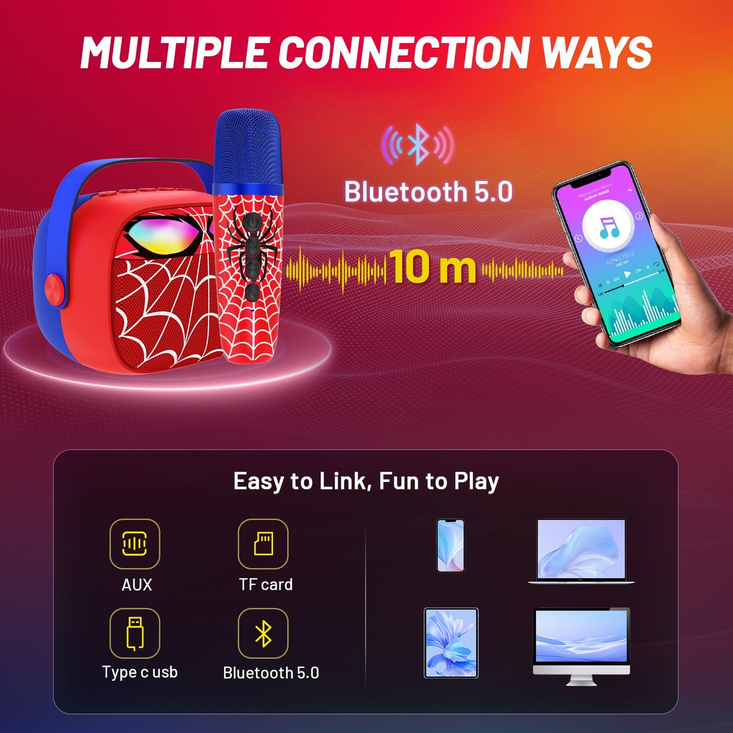 Innofans Mini Karaoke Machine for Kids, Portable Bluetooth Speaker with 2 Microphones, Red, Ages 3-12, M8-1, LED Light Show