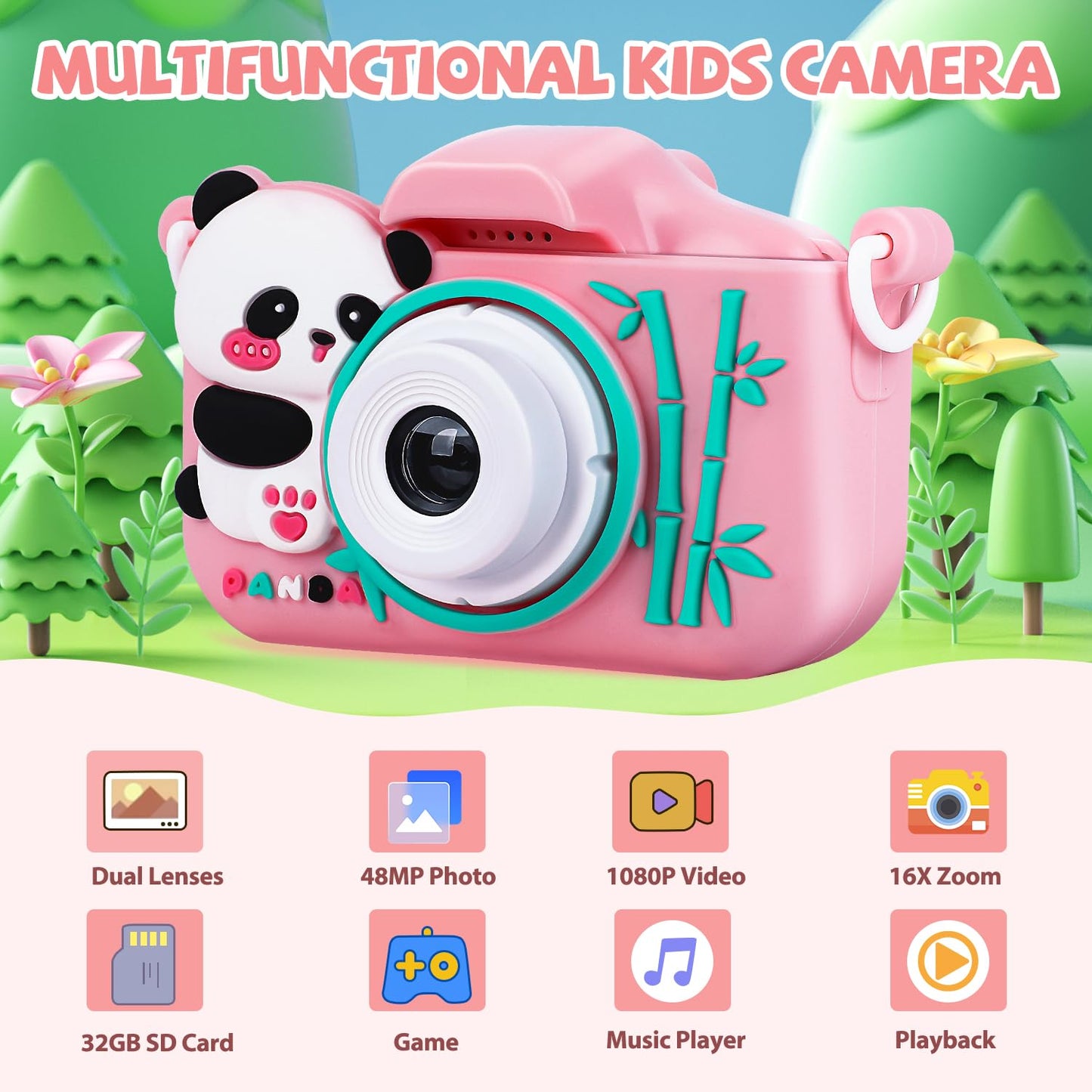 Kids Camera Digital Camera For Boys Girls Age 3-8, 48Mp Dual Lens Toddler Camera For Kids With 32Gb Sd Card 1080P Hd Video Toddl