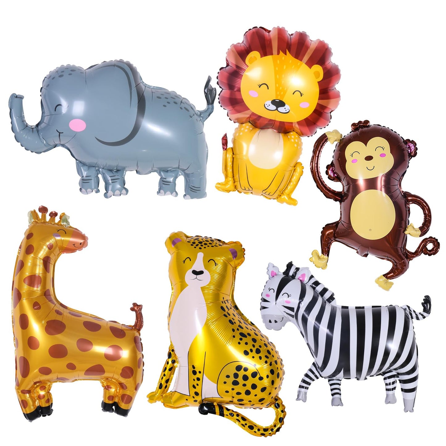 6 Pcs Giant Smile Jungle Safari Animals Balloons,Large Monkey Elephant Zebra Leopard Lion Giraffe Foil Balloons For Wild One Saf