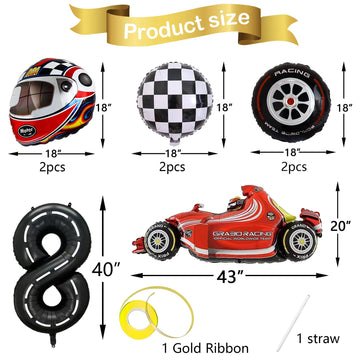 Stcomart 8 Pcs Race Car Party Decorations, Black Number 8 Balloon Checkered Balloons Tire Balloons For Boys 8Th Birthday