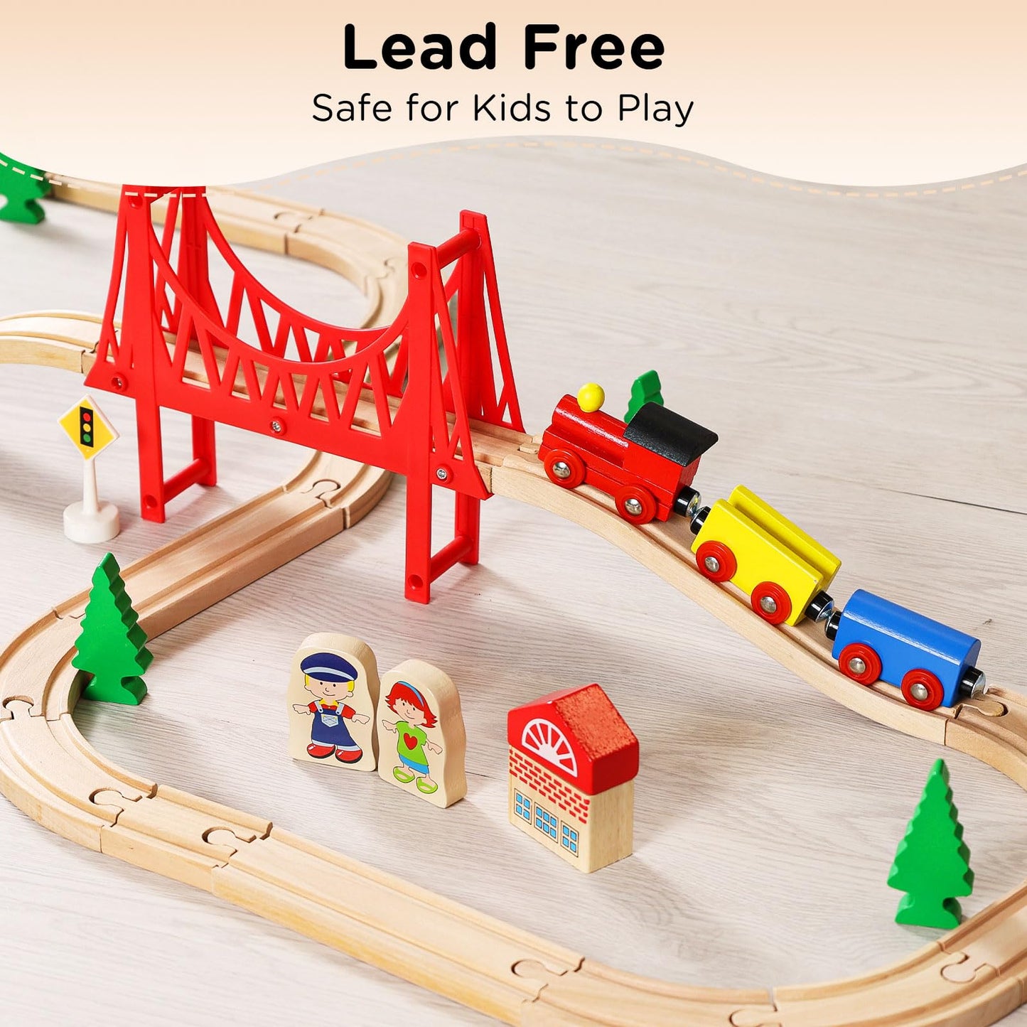 Sainsmart Jr. Wooden Train Set - Interactive Police Playset For Kids | Building Toy With Train, Figures & Accessories | Compatible With Brio, Thomas, Melissa And Doug | Educational Stem Gift (Village)