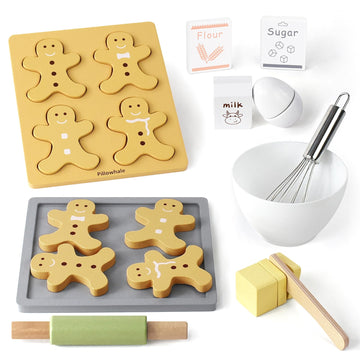 Pillowhale Wooden Toy Biscuits Baking Set,Pretend Play Food Sets for Kids Kitchen,Wooden Gingerbread Cookies Play Food Set,Play 