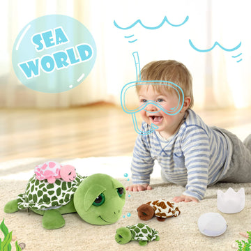 Morismos Sea Turtle Stuffed Animal-14'' Mom Stuffed Turtle With 3 Baby Turtle Toys & 2 Plush Turtle Eggs In Zipper Tummy, Stuffe