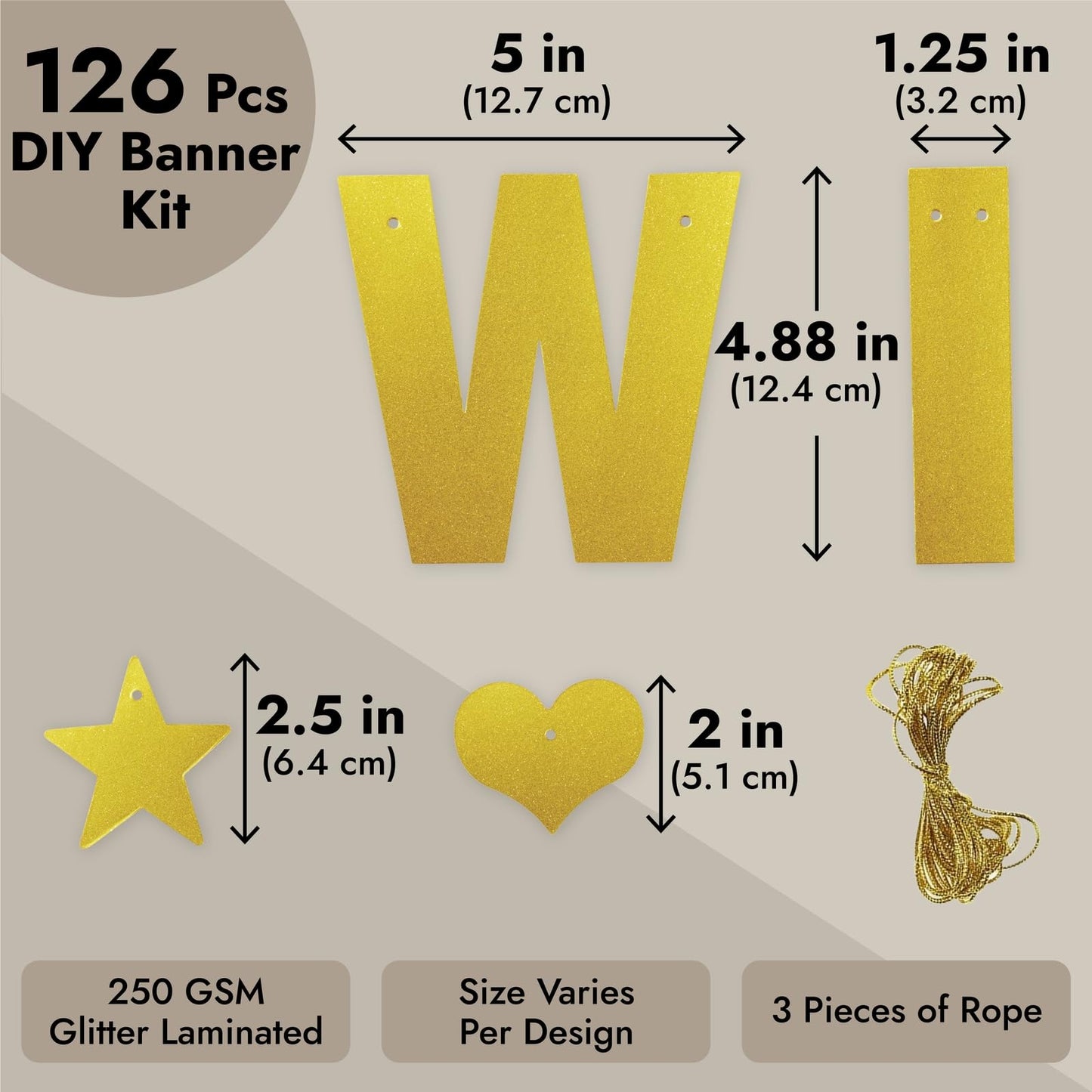 BLUE PANDA 126-Piece DIY Gold Glitter Banner Kit - Letters A-Z, Numbers 0-9, Hearts, Stars, 3 Strings for Party, Birthday Decora