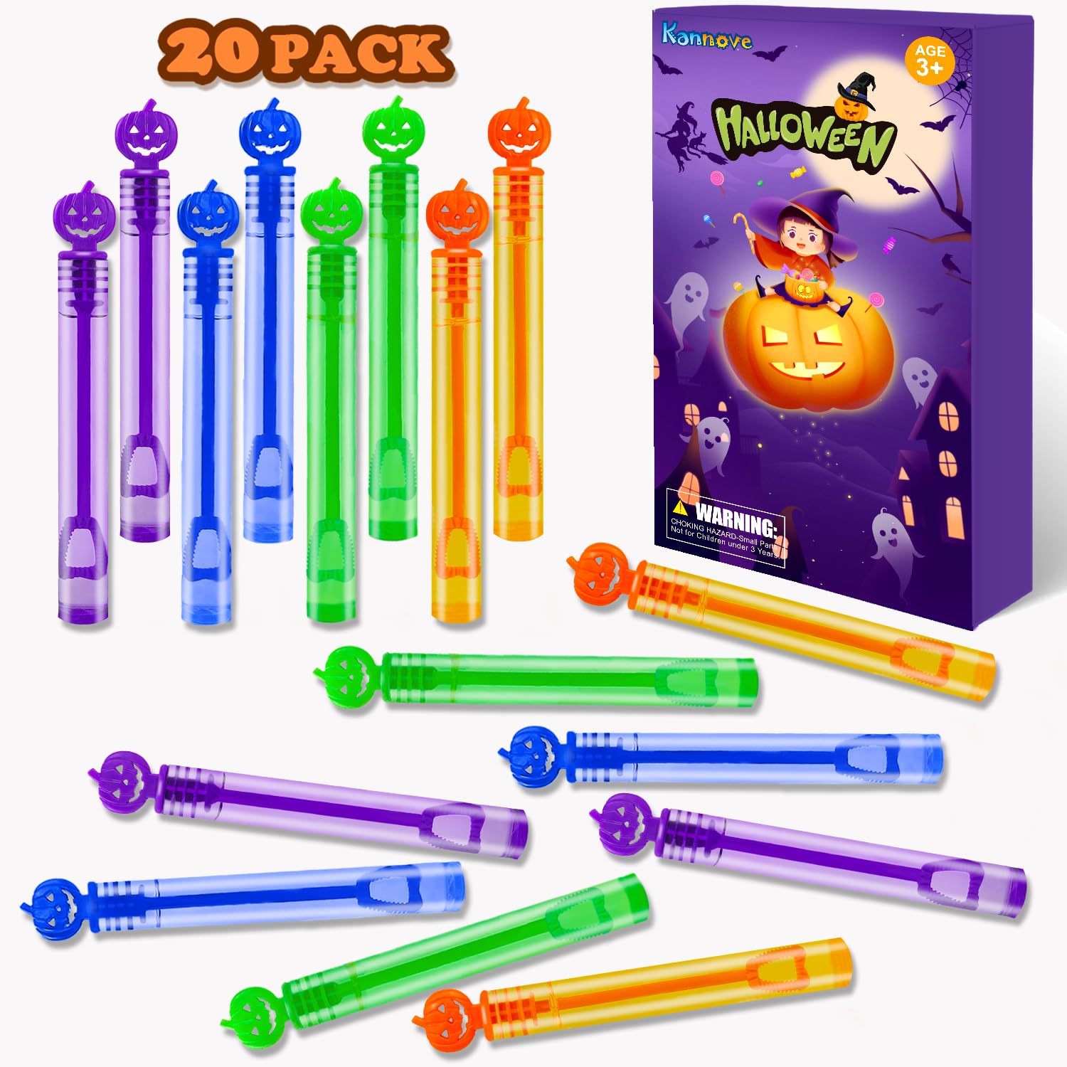 Kannove Halloween Mini Pumpkin Bubble Wands Toys Gifts For Kids 20 Pack,Small Halloween Basket Goodie Bag Stuffer Fillers Party