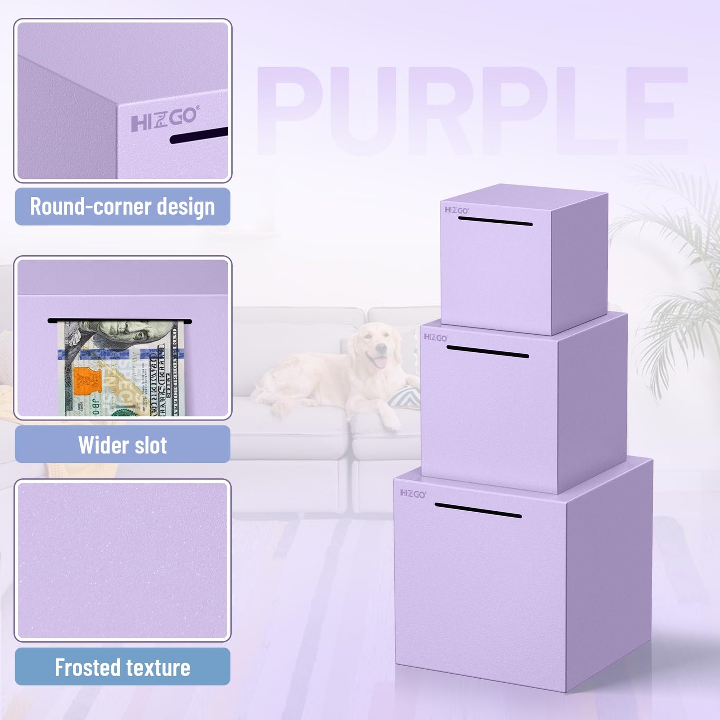 Hizgo Adults Purple Piggy Bank, Stainless Steel Piggy Bank For Adults/Kids Must Break To Open, Unopenable Money Saving Box(4.72-Inch, Purple)