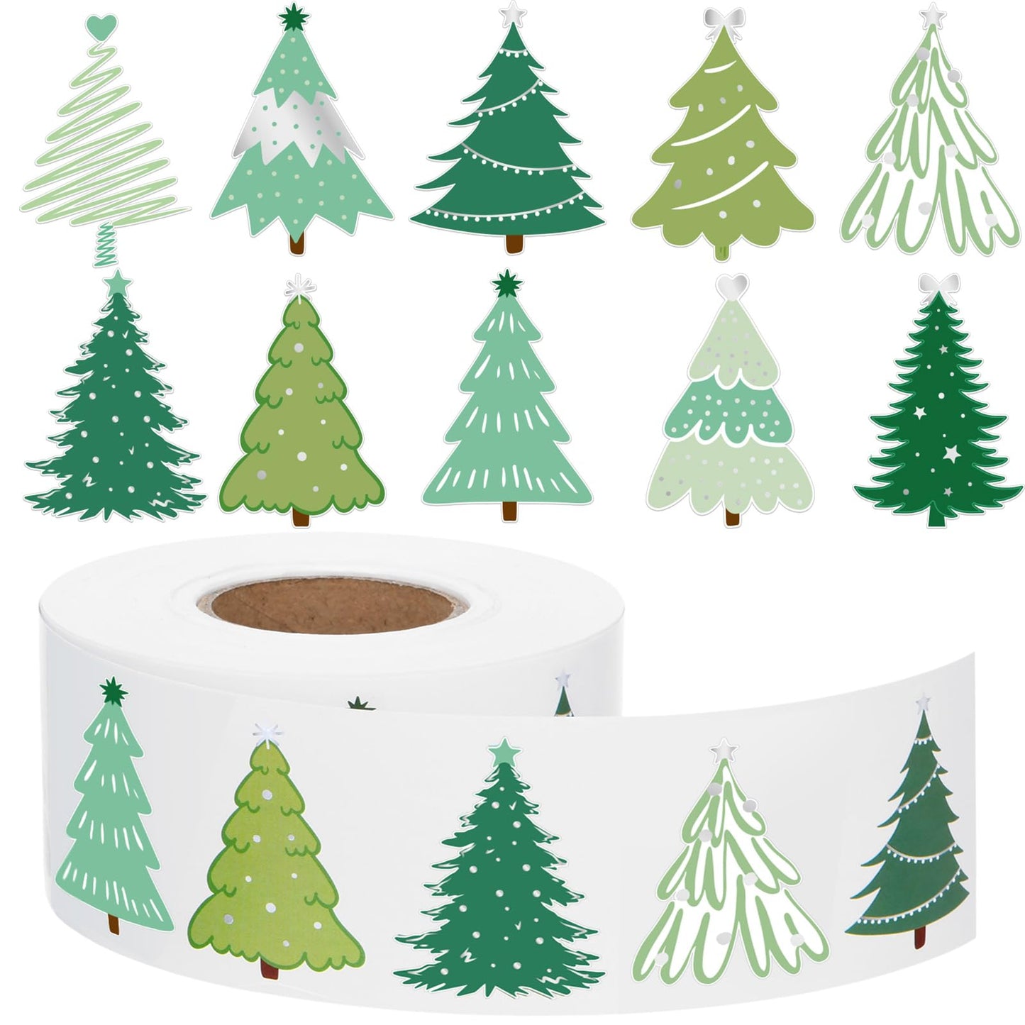 Tenare 1000 Pcs Christmas Tree Stickers Christmas Party Supplies Winter Xmas Roll Stickers Green Silver Self Adhesive Label Tag 