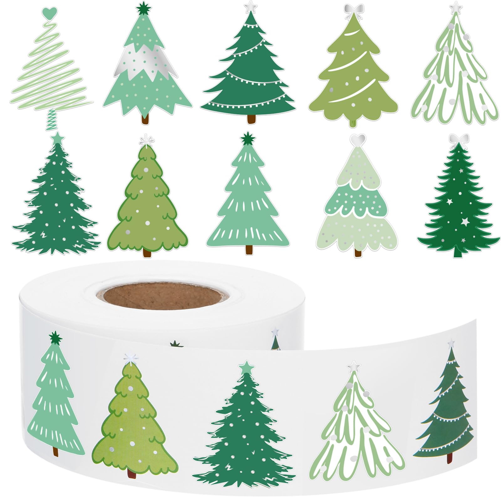 Tenare 1000 Pcs Christmas Tree Stickers Christmas Party Supplies Winter Xmas Roll Stickers Green Silver Self Adhesive Label Tag 