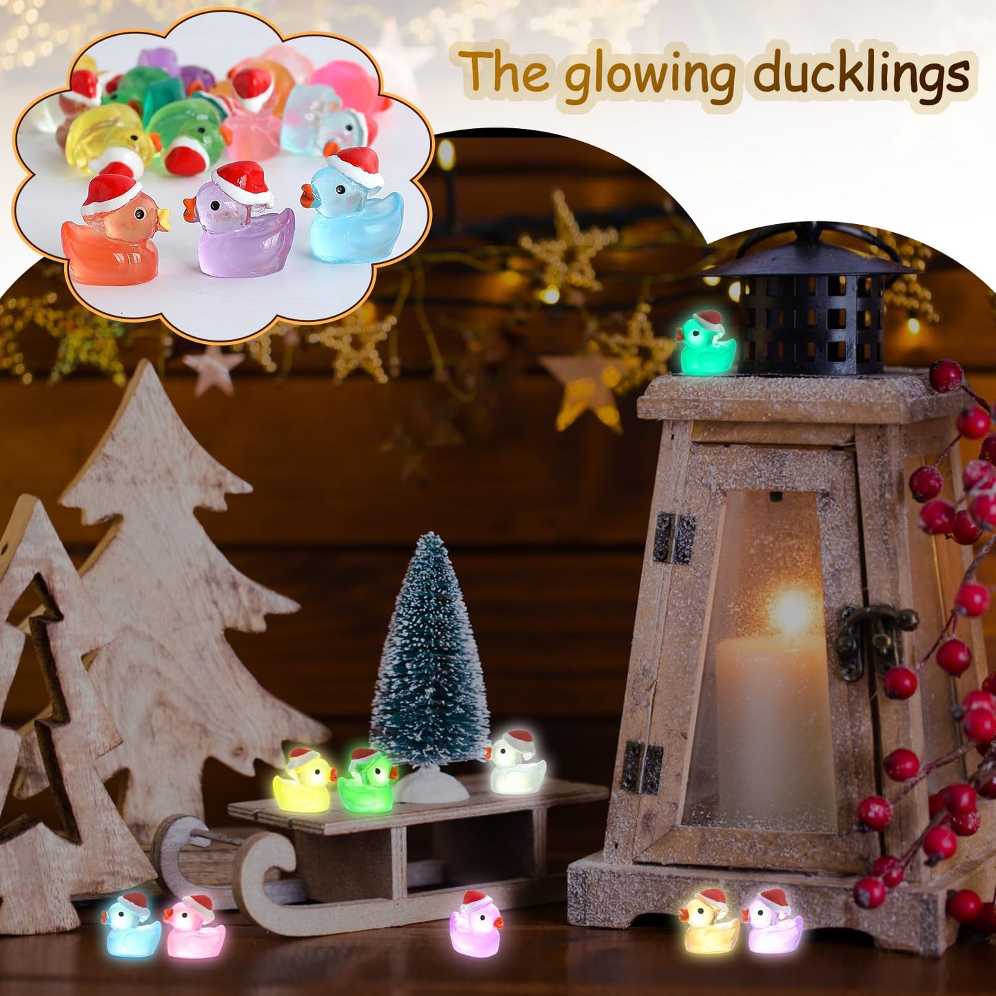 ROMROC 160Pcs Luminous Mini Christmas Resin Duck Miniature Glow in The Dark Ducks Christmas Decor Aquarium Ornament Dollhouse De