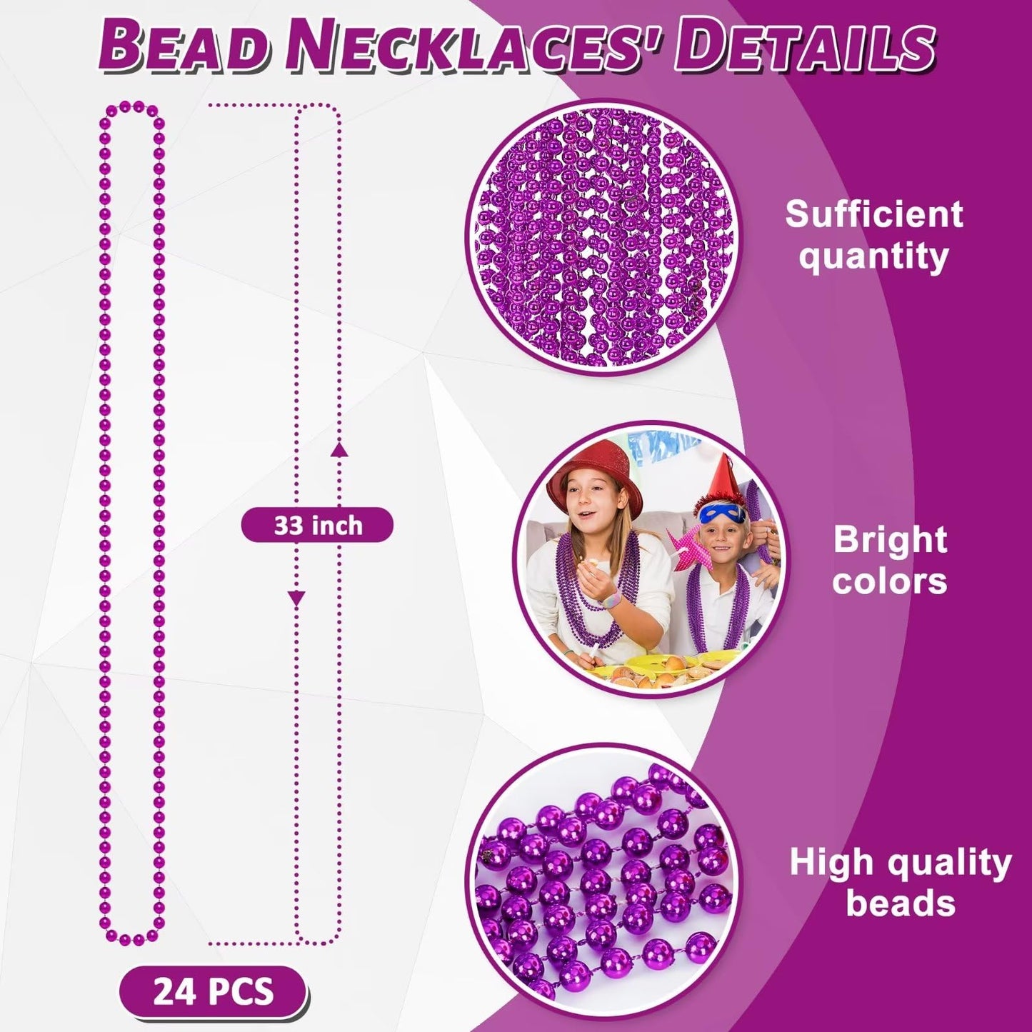 24PCS Mardi Gras Beads, Purple Bead Necklace Party Favors, 33'' Halloween Necklaces Women Men Set, Festival Parade Events Throw
