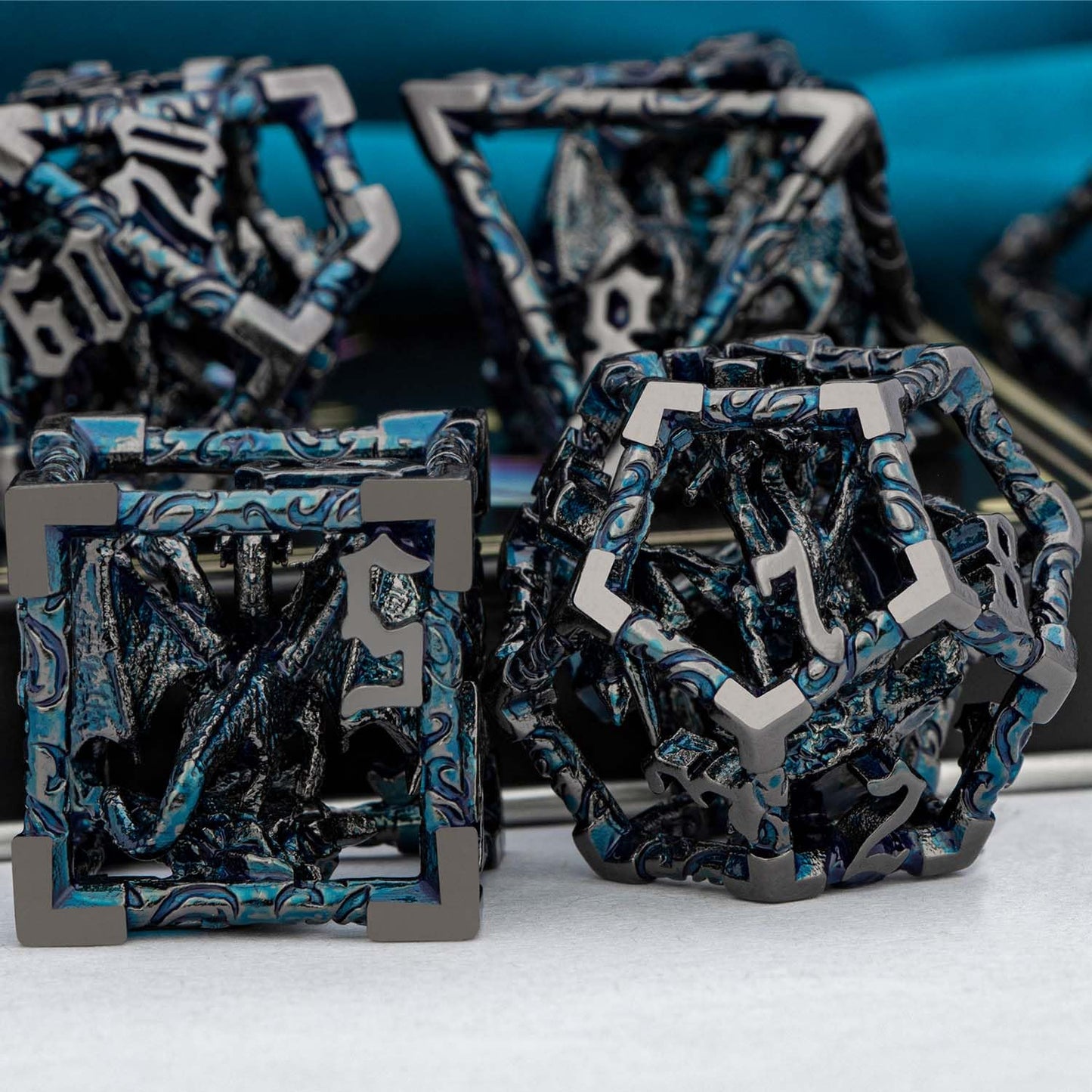 ARUOHHA Hollow DND Dice Set Black Blue Metal D and D Dice with Gift Box, Dungeons and Dragons Role Playing Games 7PCS Polyhedral