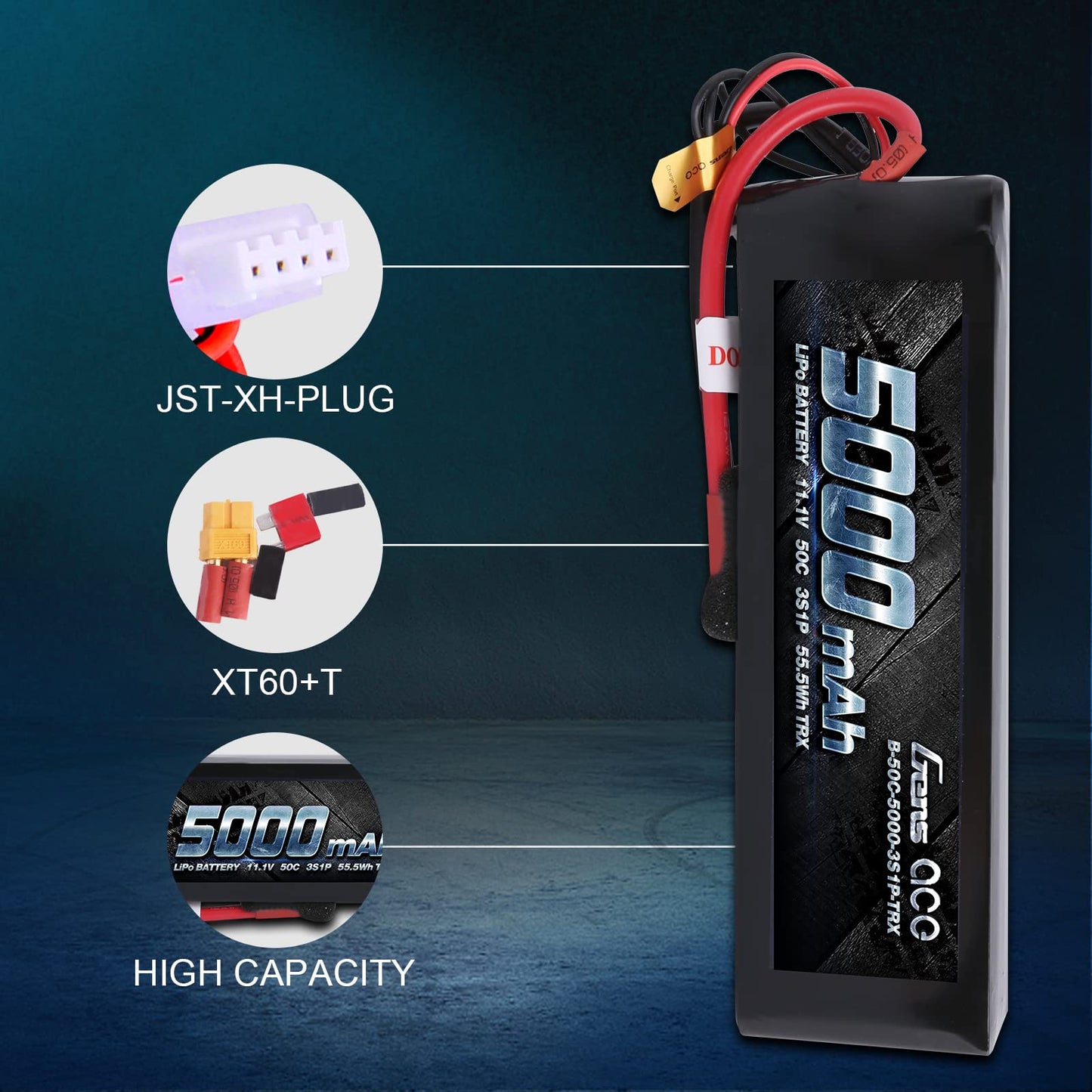 Gens ace 5000mAh 11.1V 3S 50C 3 Cell LiPo Battery Pack with XT60 and Deans Plug (Updated) for Traxxas RC Cars Slash vxl Slash 4x