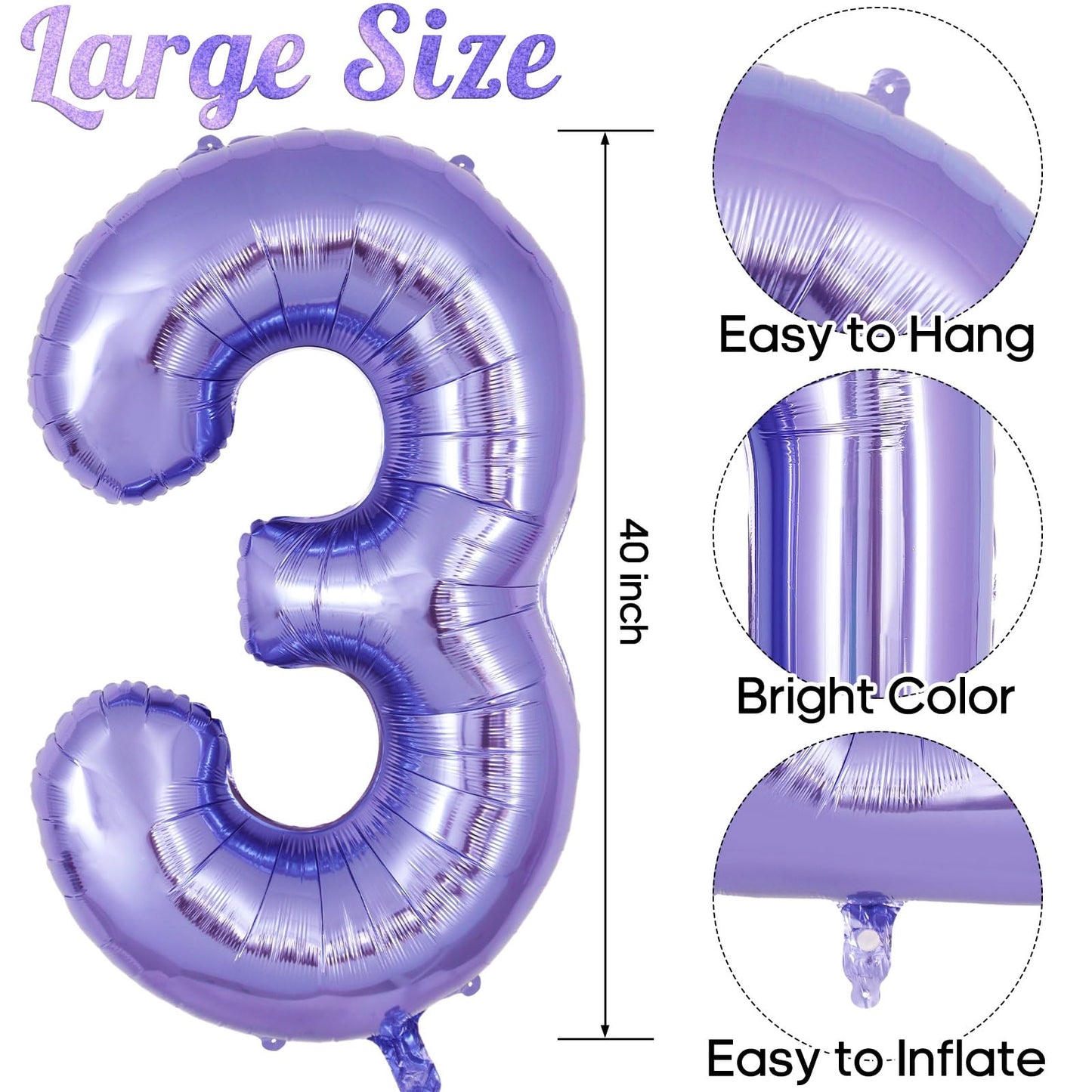 AIQINHU Purple 40 Inch Foil Number 3 Balloon - Giant Mylar Balloon for 3 Year Old Birthday Party Decorations