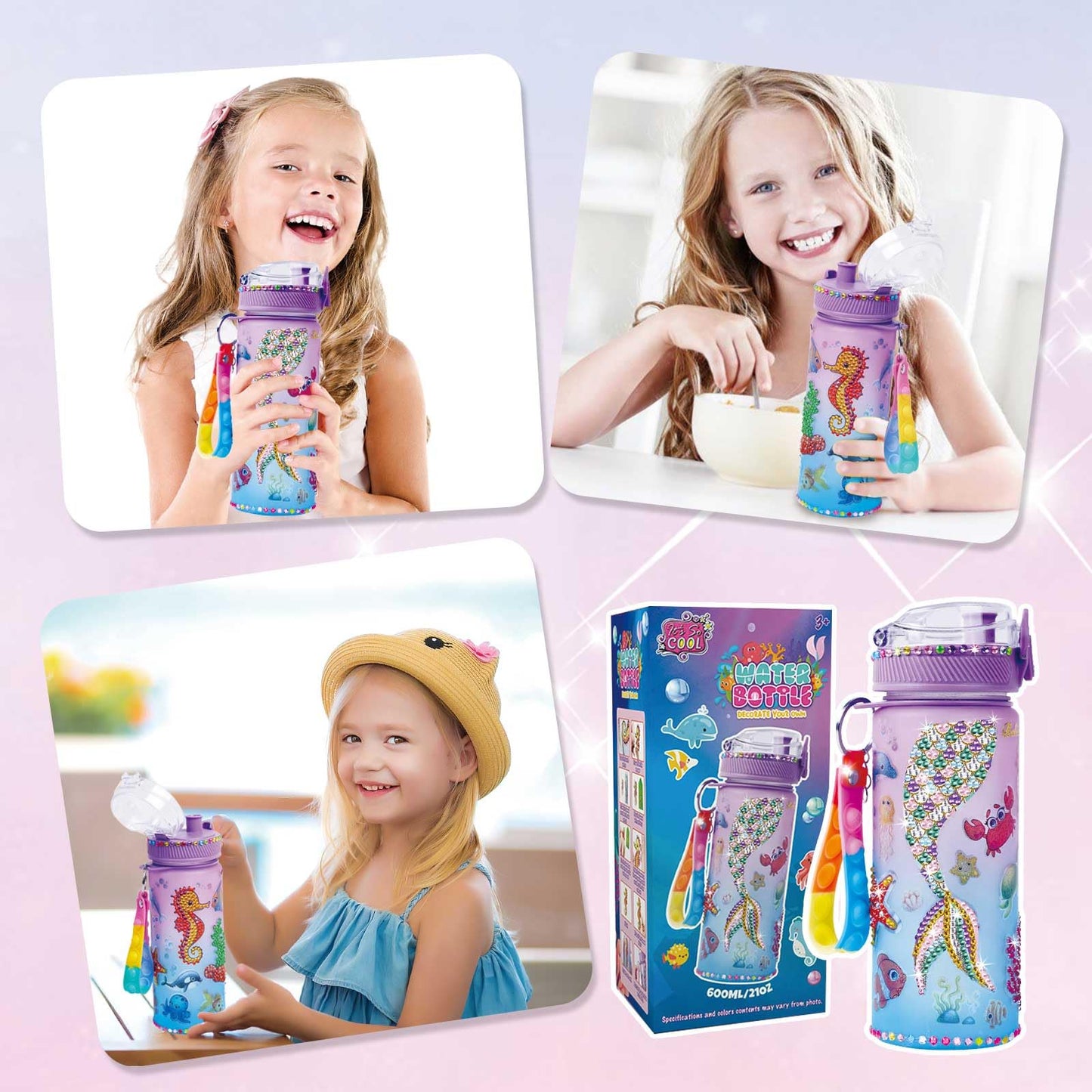 GZCY Mermaid Water Bottle Kit for Girls, DIY Diamond Painting Arts & Crafts, 600ml, Purple, Perfect Birthday Gift for Ages 3-10