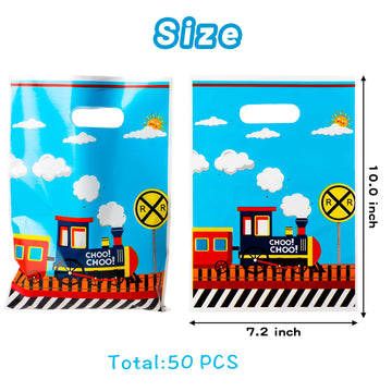 3Sscha 50Pcs Train Party Favor Bag Transportation Themed Waterproof Goodie Bag With Die Cut Handles Railway Traffic Glossy Plastic Candy Gift Bags For Kids Birthday Baby Shower Decoration Supplies