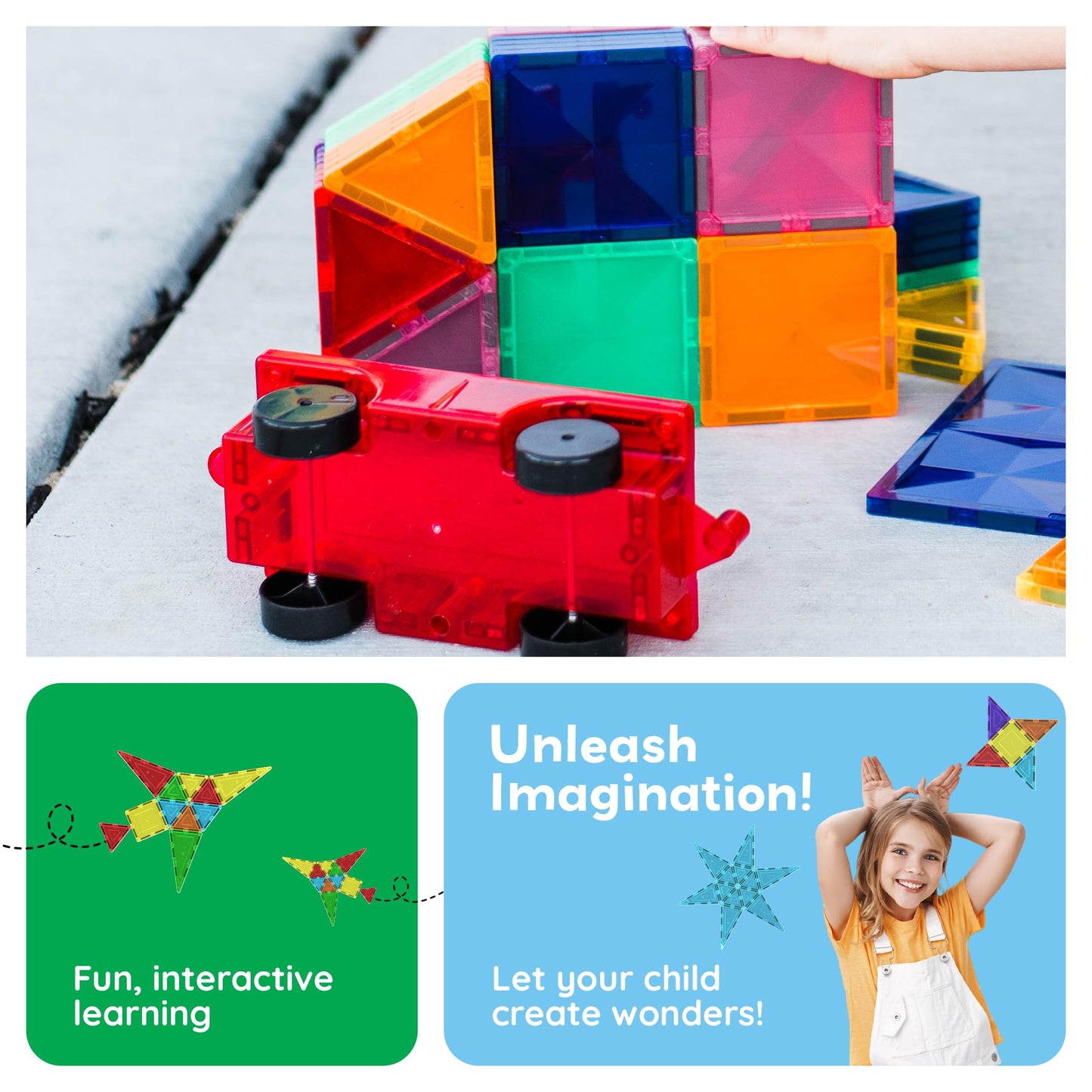 Picassotiles 2 Piece Car Truck Construction Kit Toy Set Vehicle For Magnetic Blocks Building Tile Sensory Magnet Toys With Re-En