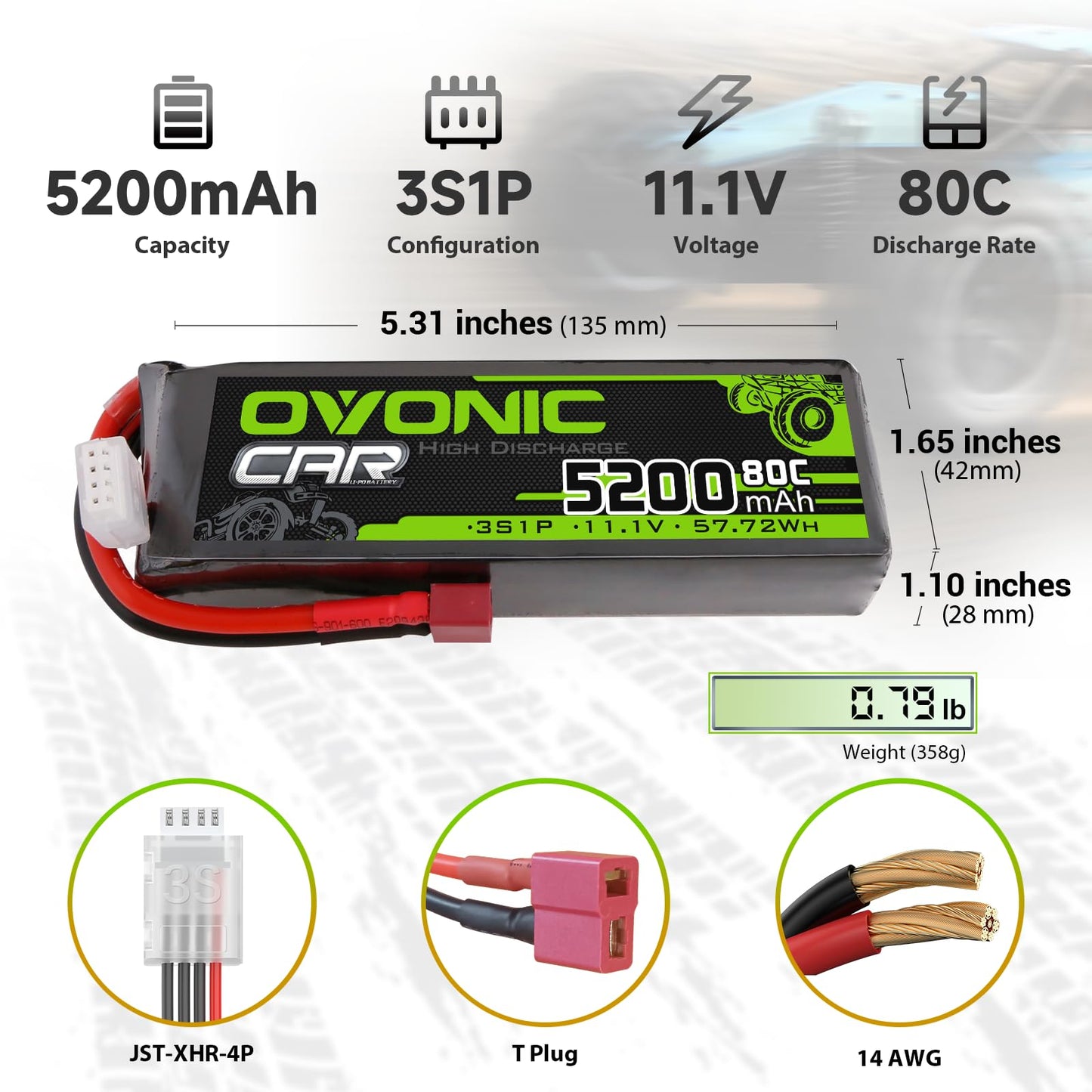 OVONIC 3S Lipo Battery 5200mAh 11.1V 80C RC Battery with Deans T Connector for RC Car Boat Truck Helicopter Airplane Racing Mode
