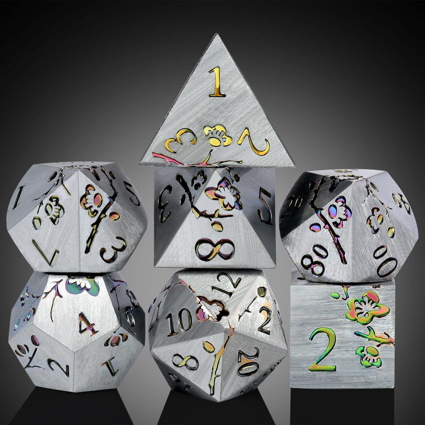 DNDND Rainbow Flower Metal Dice Set, 7 PCS Metallic Flowers DND Dice with Grogeous Gift Case for D&D Dungeons and Dragon Tableto