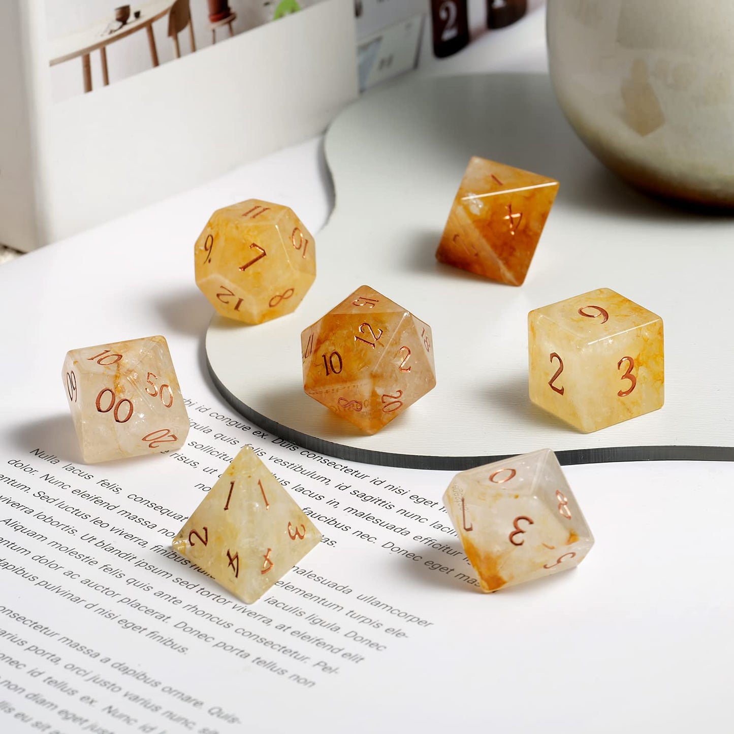 DNDND Yellow Calcite Dungeons and Dragos Dice Set 7 PCS Stone D&D Die with Grogeous Gift Case for DND Tabletop Game (Yellow Calc