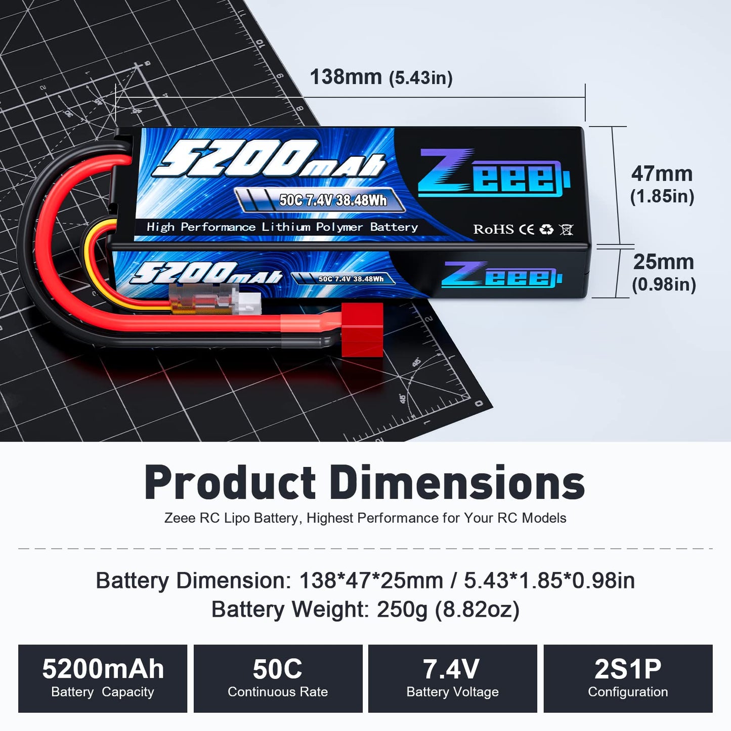 Zeee 2S 5200Mah Lipo Battery 7.4V 50C Hard Case With Deans T Plug For Rc Truck Rc Truggy Rc Heli Airplane Drone Fpv Racing (1 Pa