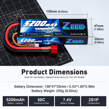 Zeee 2S 5200Mah Lipo Battery 7.4V 50C Hard Case With Deans T Plug For Rc Truck Rc Truggy Rc Heli Airplane Drone Fpv Racing (1 Pa
