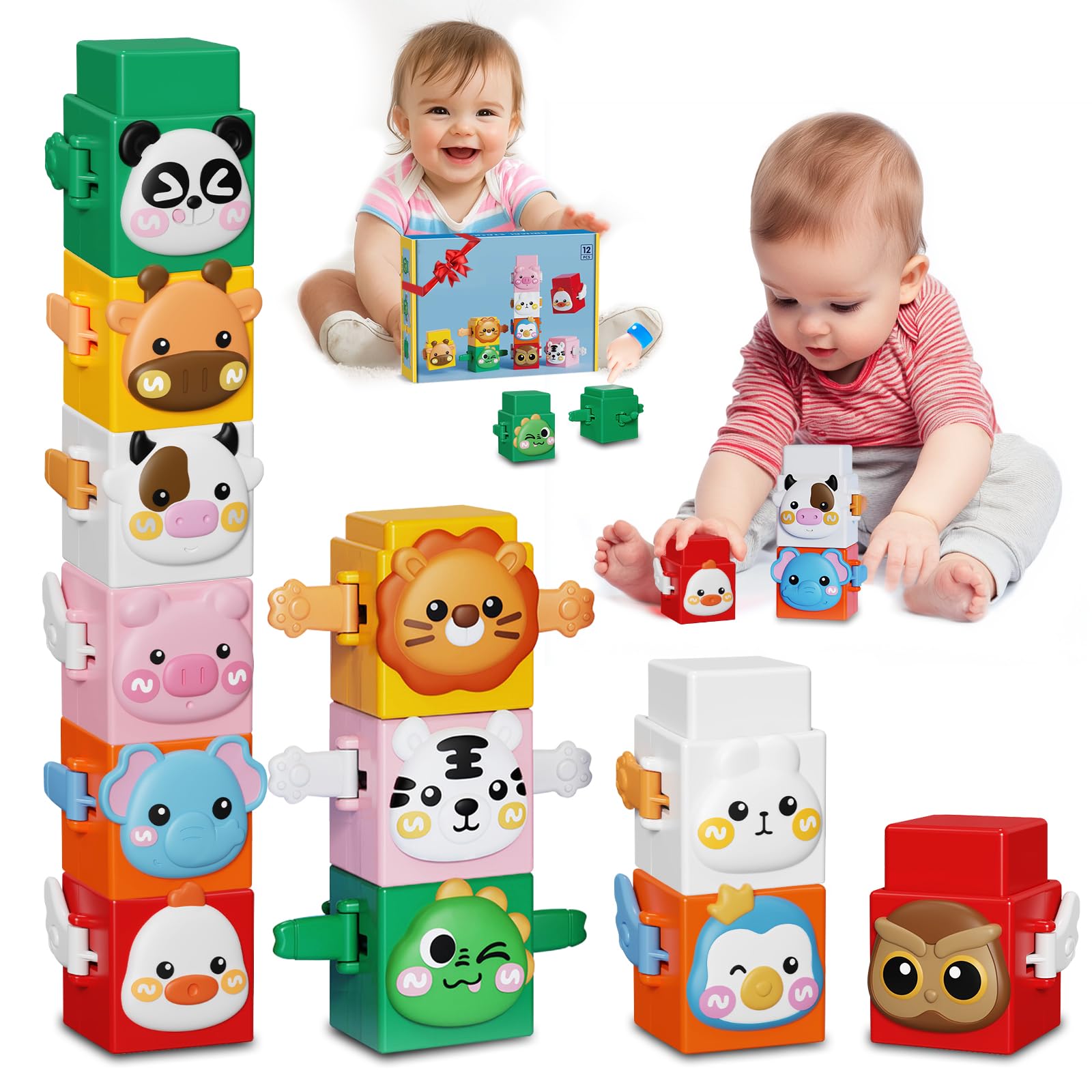 6 PCS Stacking Toys Set for Toddlers 18+ Months 2 3 4 Years Old Boys Girls Preschool Sensory Block Toys Pressable Animals Stacki