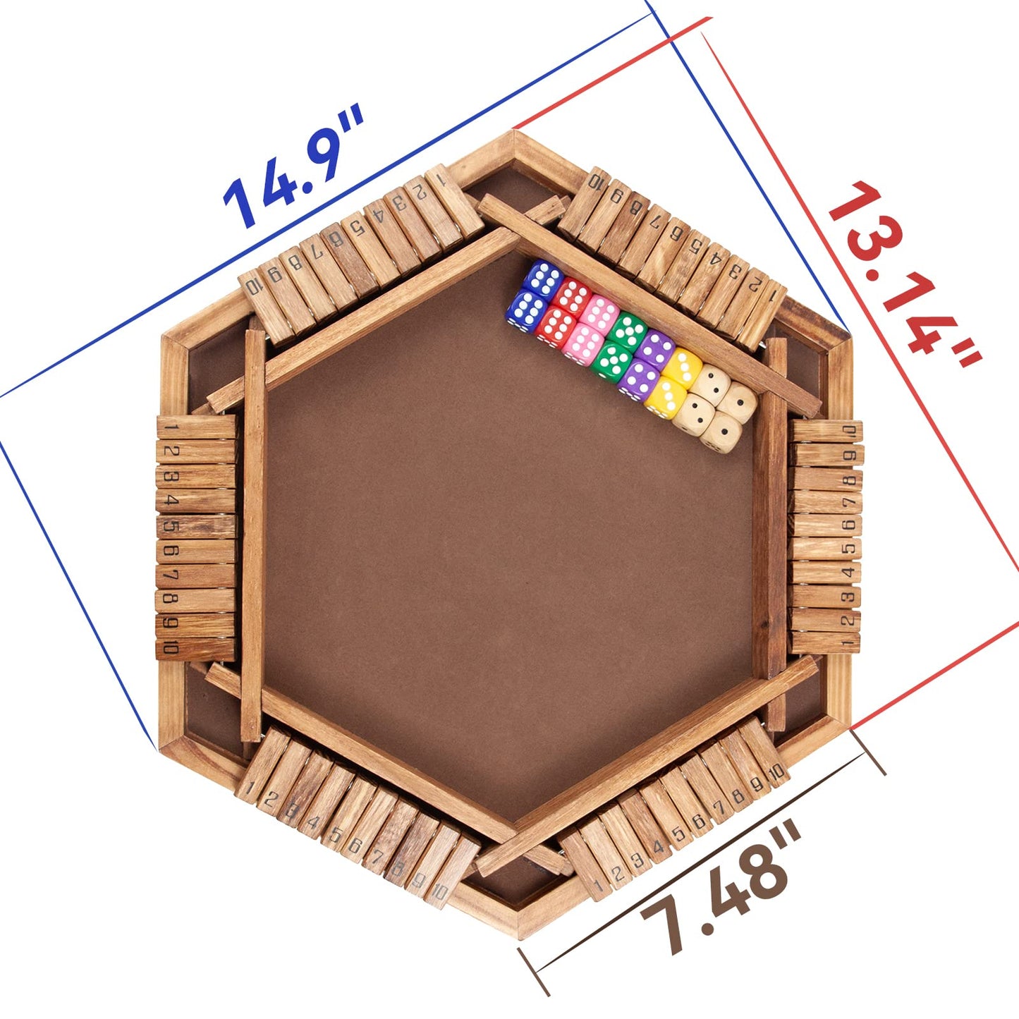 WOOD CITY Shut The Box Game for 6 Players, Wooden Math Game with 16 Dice, Family Fun for Ages 3+, Wood Color