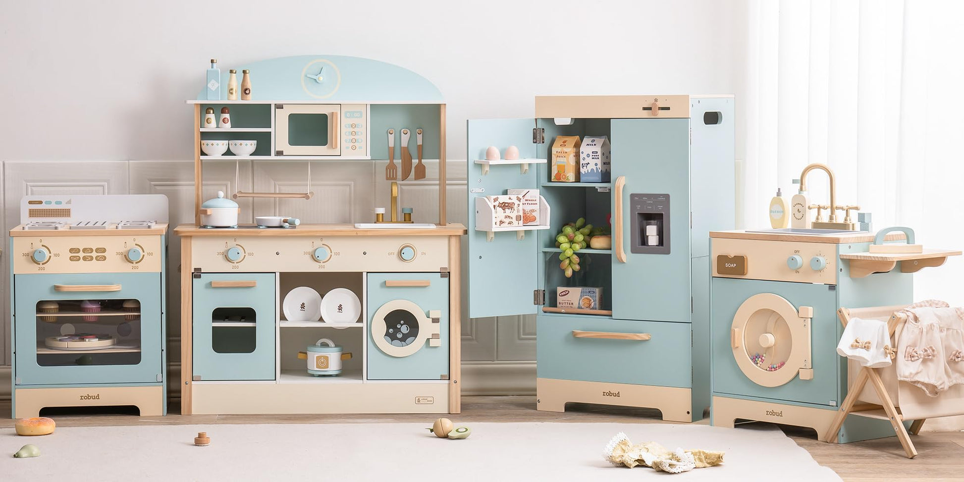 ROBUD Wooden Play Kitchen Set, Kids Toy Kitchen Set with Realistic Design, Utensils, Ice Maker, Fridge, Oven, Washer, Modern Sty