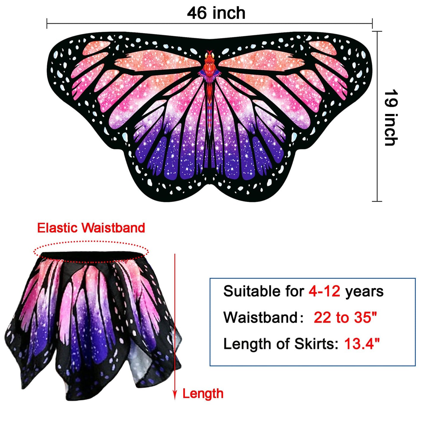 Yamisan Butterfly Costumes For Girls, Kids Fairy Butterfly Wings With Tutu Dress Up For Halloween Party Costume Set - Double Sid