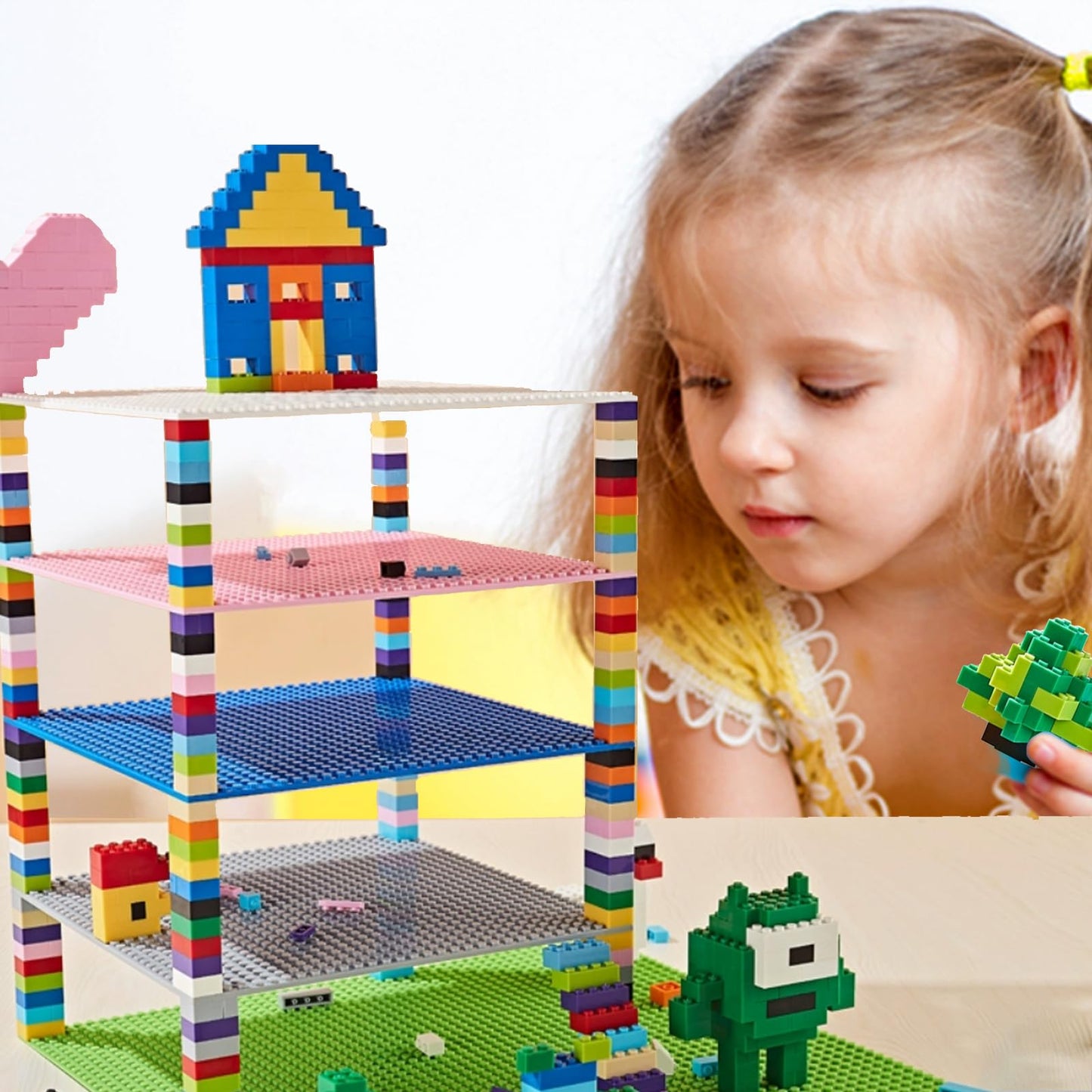 Huizdq 1000 Pieces Classic Building Bricks, Classic Stackable Base Plates, 3 6.3'' X 6.3'' White, Pink And Purple Base Plates, C