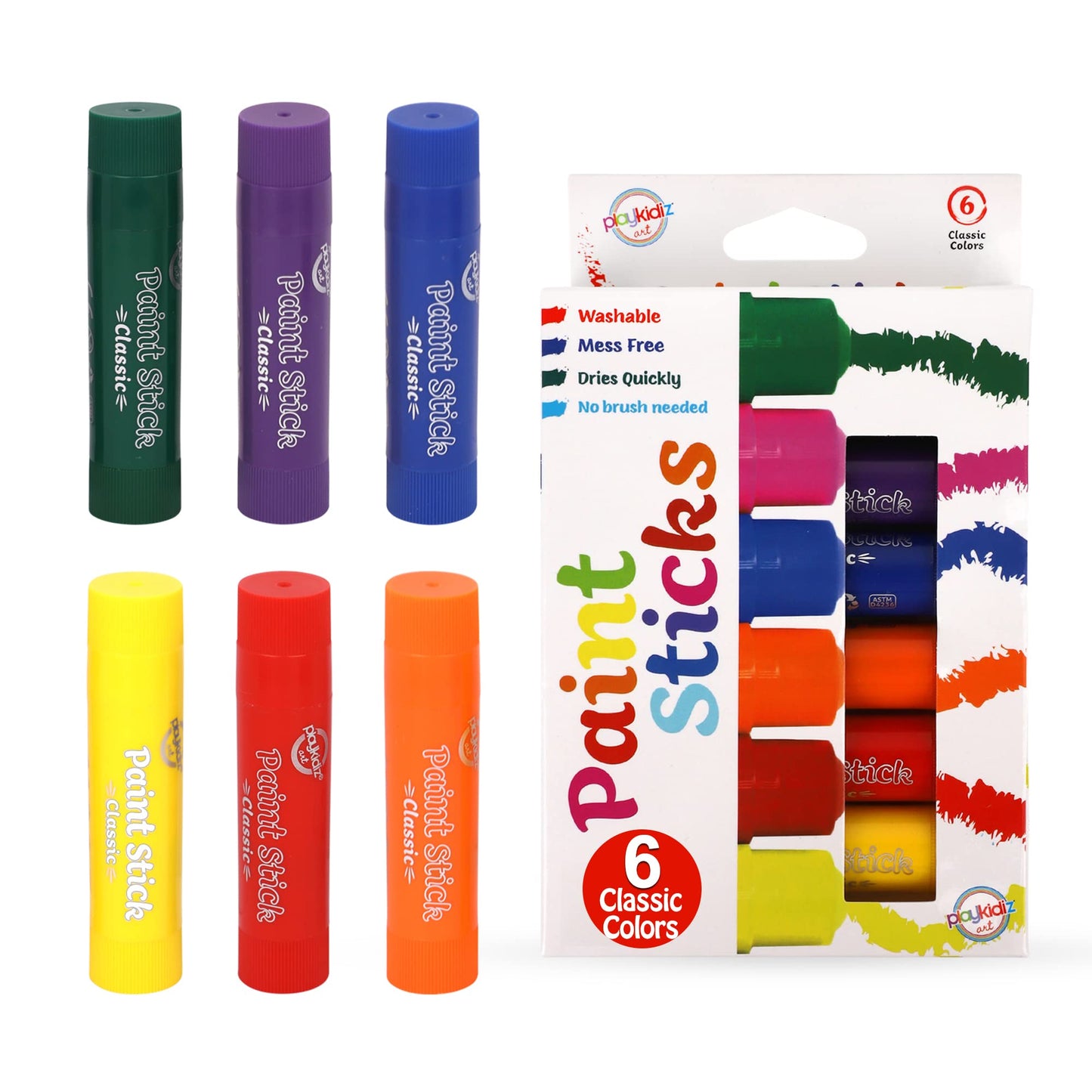 Playkidiz Paint Sticks, 6 Pack, Classic Colors, Twistable Crayon Paint Sticks, Mess-Free Tempera Paint, Quick Drying, Great Birt