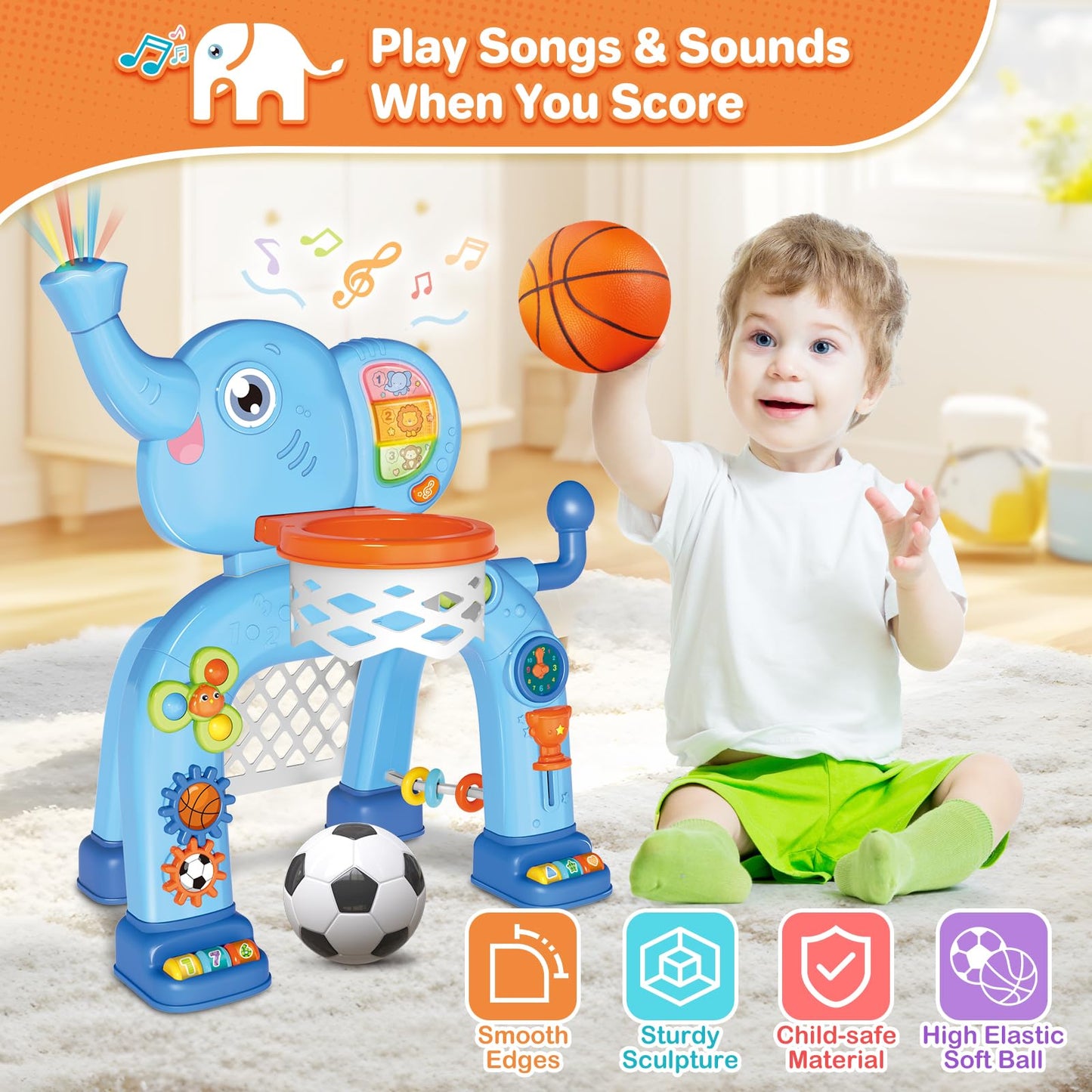 Shemira Toddler Basketball Hoop & Soccer Goal Activity Center with Lights & Music - Fun Gift for Boys & Girls Ages 1-3, Blue