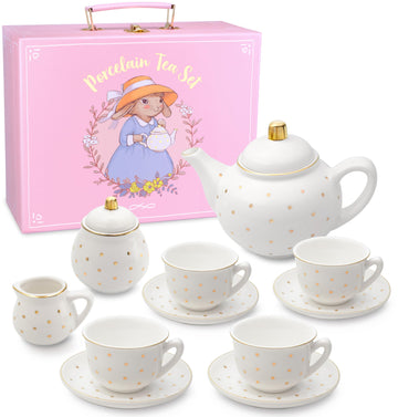 Porcelain Tea Set for Girls - White with Gold Polka Dots Tea Party Set for Kids I Complete Children Tea Sets with Carry Case, Te