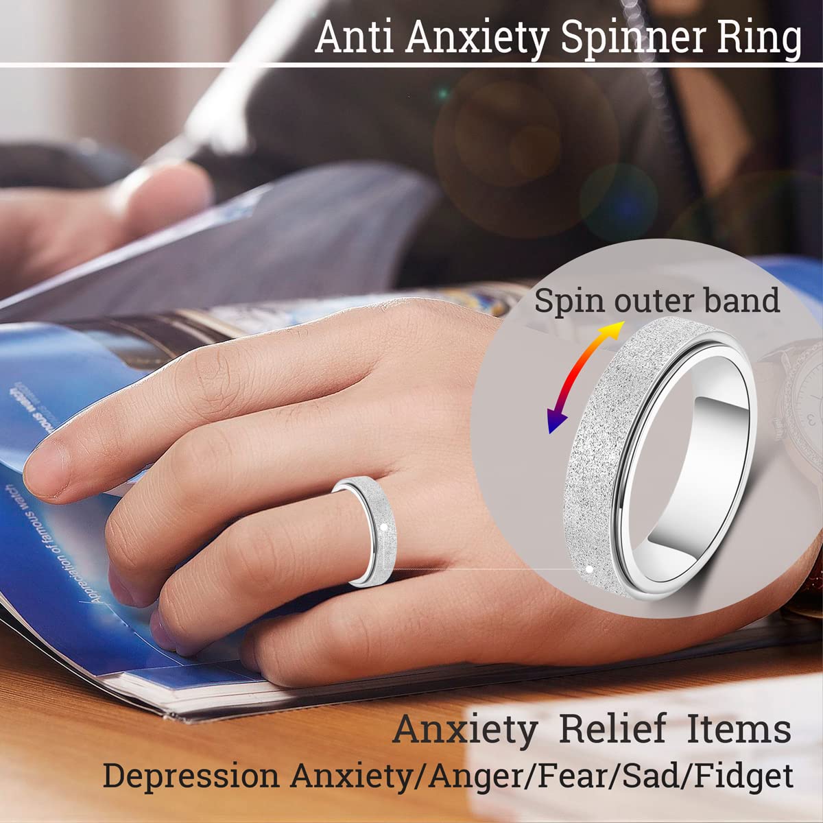 MHWTTY Fidget Spinner Ring for Anxiety Relief - Adjustable Size 8, Available in Black, Rainbow, Rose Gold, Silver - Perfect Fidget Toy for Adults