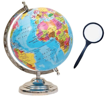 Geokraft Educational Political Metal Base Stem Globe With Magnifying Glass For Kids (8 Inch, Blue)
