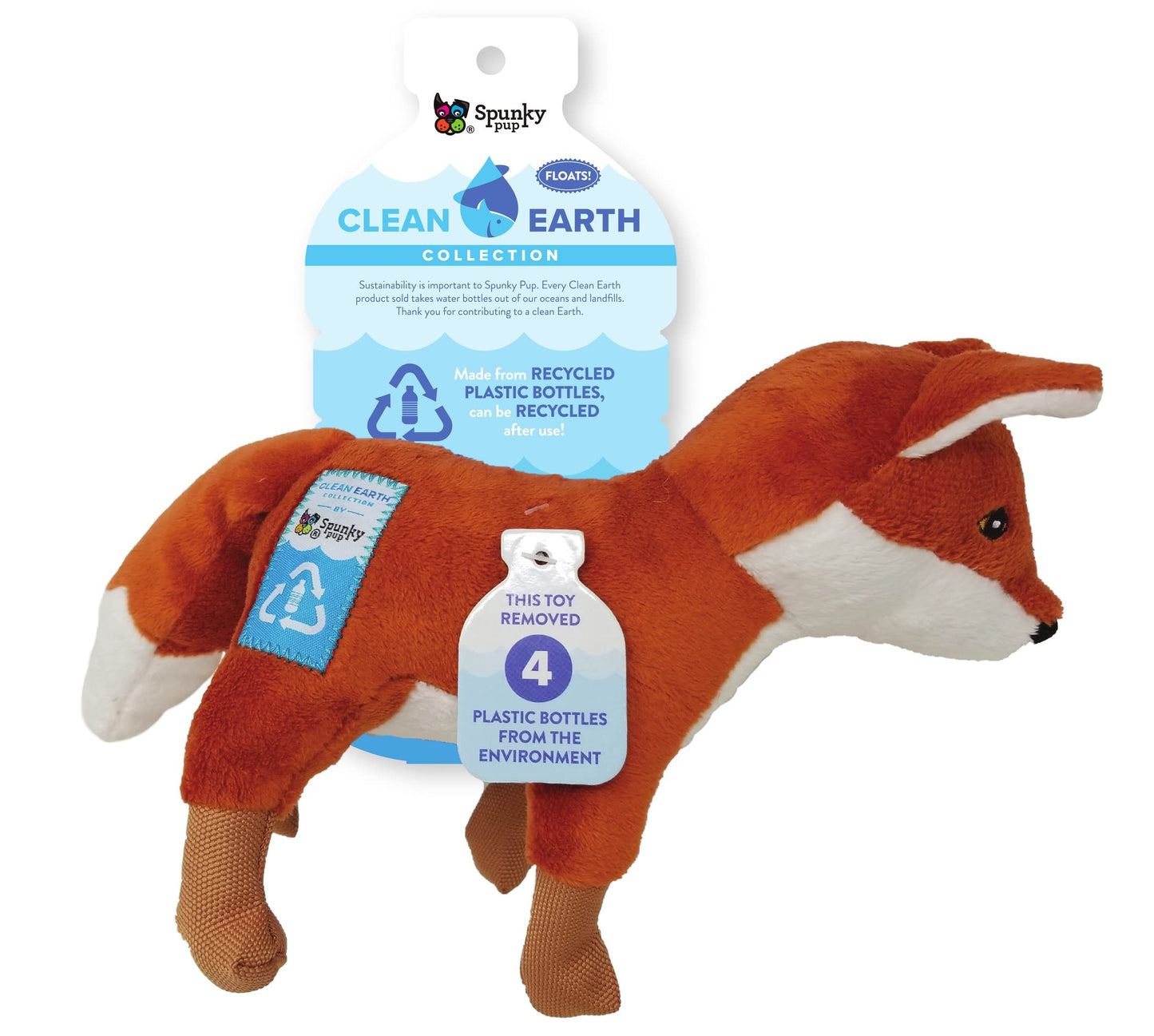 Spunky Pup Clean Earth Plush Fox Toy - Small, Brown, Made from 100% Recycled Water Bottles, Model 7260