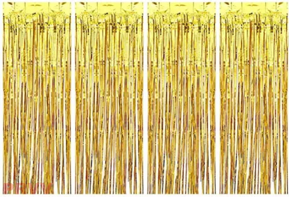 PRVV Pack of 4, 3 x 6 feet Each Golden Foil Fringe Tinsel Metallic Backdrop Curtains for Birthday Decoration Wedding Engagement 