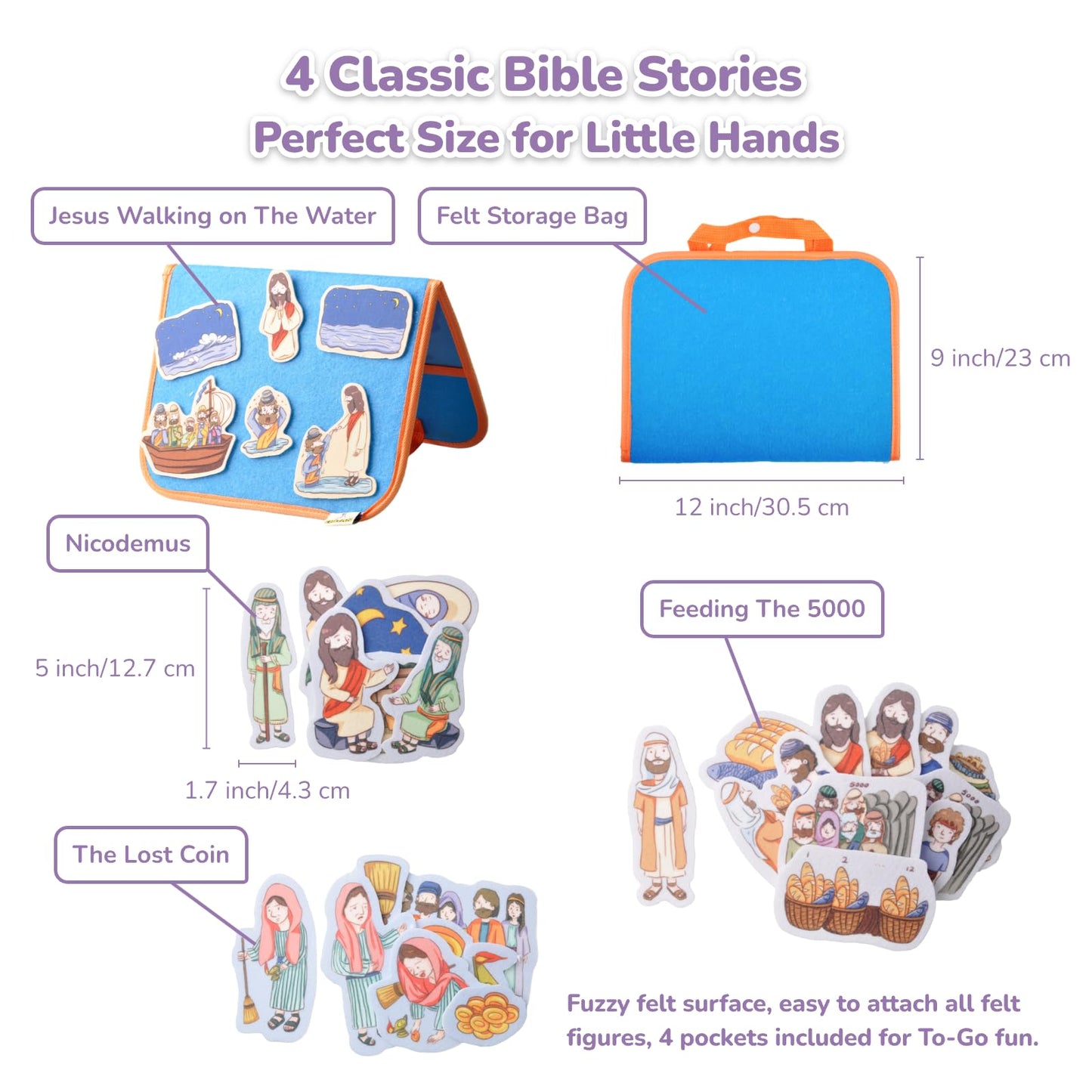 CHEFAN Felt/Flannel Board Story Set of 4, PRECUT Felt Pieces for Preschool Toddlers Circle Time,Bible Story,Feeding The 5000, Ni