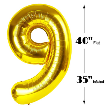 40 Inch Big Gold 9 Balloon Number, Jumbo Giant Happy 9Th 19 29 39 49 99 Birthday Party Decorations, Large Nine Mylar Foil Annive