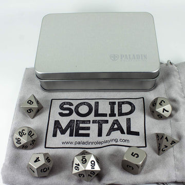 Paladin Roleplaying Silver Metal Dice - Full Polyhedral Set - in Presentation Case