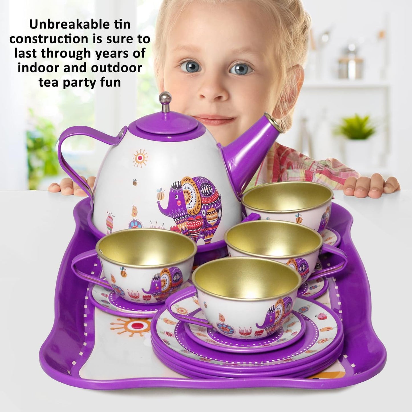 Kiddie Play Tea Set For Little Girls, Pretend Play Tea Party Set, Elephant Design Kids Tin Tea Set With Carrying Case (15 Pcs)