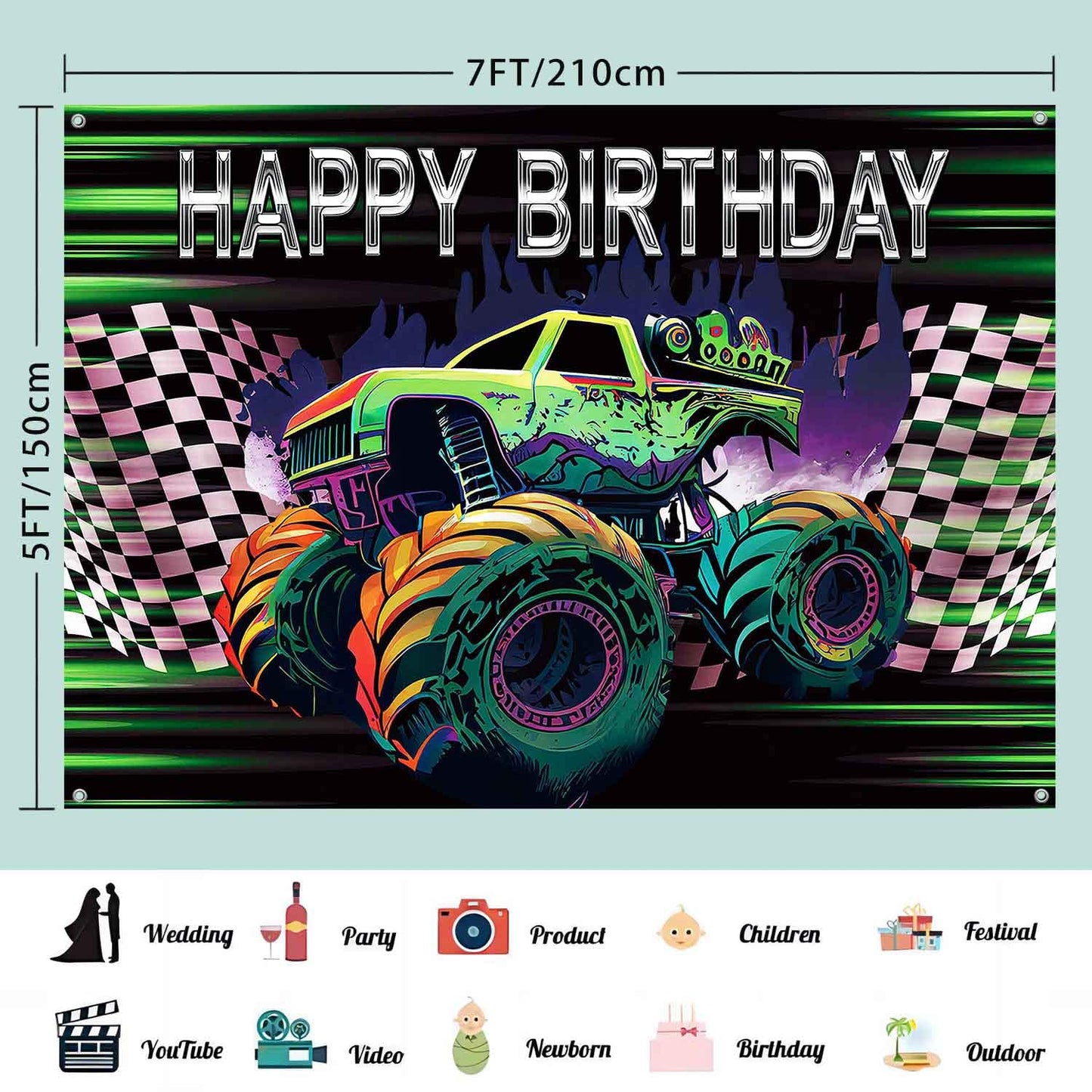 LDWLYW Truck Banner Backdrop, Green & Purple, 7x5ft Polyester Birthday Party Decorations for Boys, Cars Theme, Model 1122334455667723