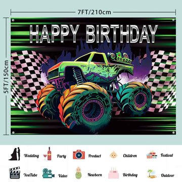 LDWLYW Truck Banner Backdrop, Green & Purple, 7x5ft Polyester Birthday Party Decorations for Boys, Cars Theme, Model 1122334455667723