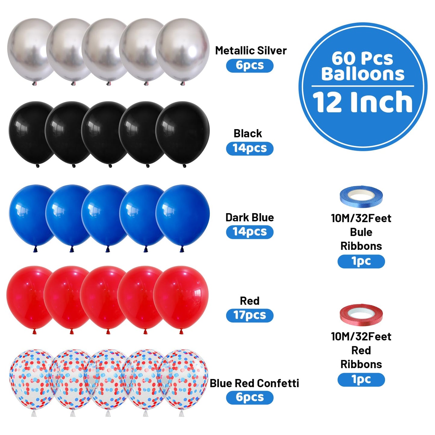 Red Blue Black Balloons, 60Pcs Red And Blue Party Balloons, 12Inch Metallic Silver Balloons Dark Red Blue Confetti Balloons For