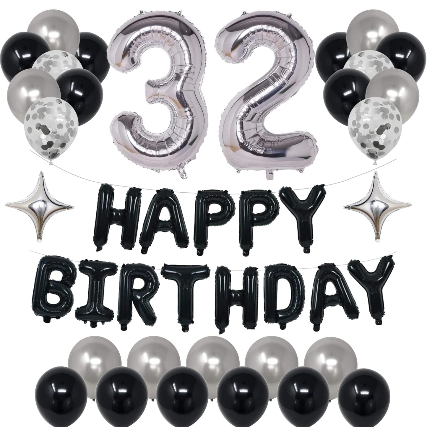 Naninuneno 32Nd Black Silver Birthday Party Decorations For Men Women, Happy 32 Birthday Party Supplies With Black Happy Birthda