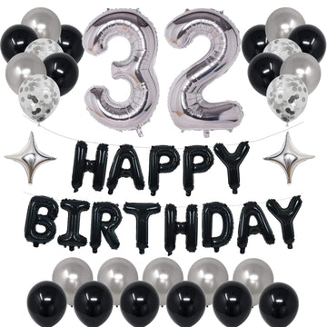 Naninuneno 32Nd Black Silver Birthday Party Decorations For Men Women, Happy 32 Birthday Party Supplies With Black Happy Birthda