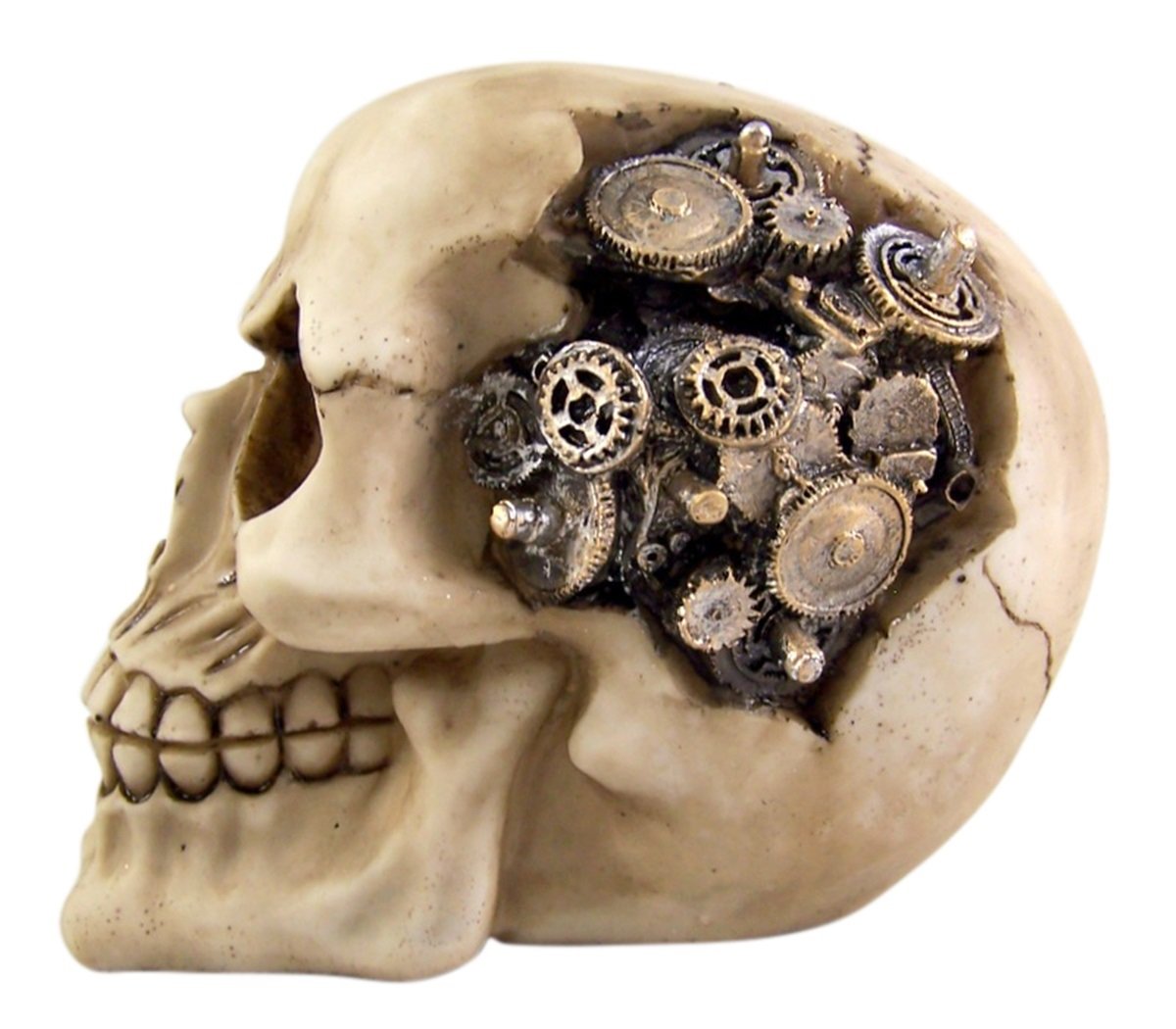 Pacific Trading Steampunk Cyborg Protruding Gear Work Human Skull Statue Clockwork Gear Design Skeleton Cranium Figurine