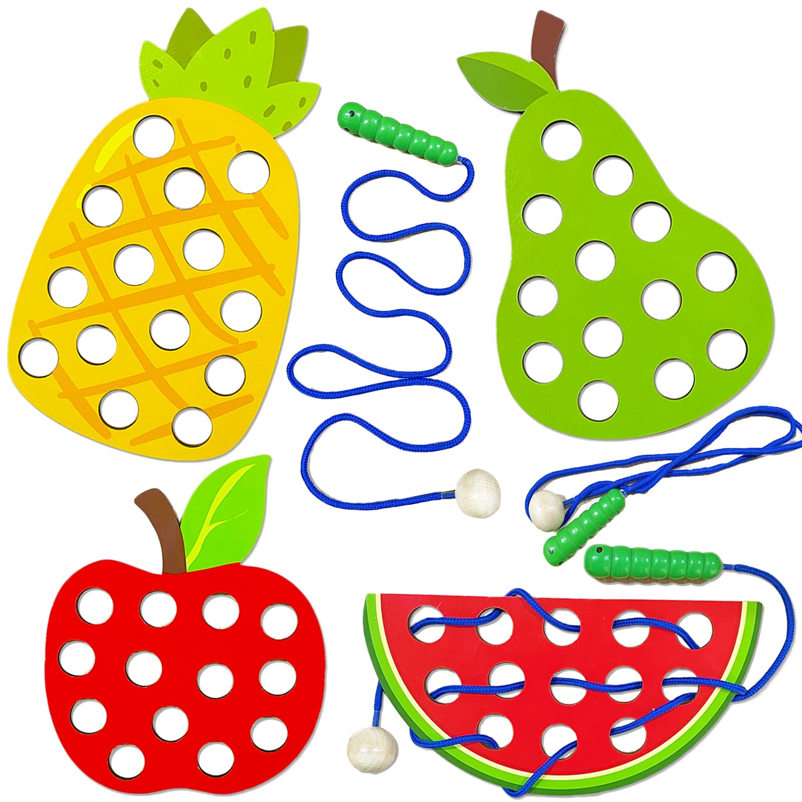 4 Pack Wooden Lacing Toy,Educational Threading Activity Puzzles,Learning Fine Motor Skill Travel Toy,Wooden Fruit Threading Set For Toddlers Kids 3 4 5 Year 1 Apple,1 Watermelon,1 Pineapple,1 Pear