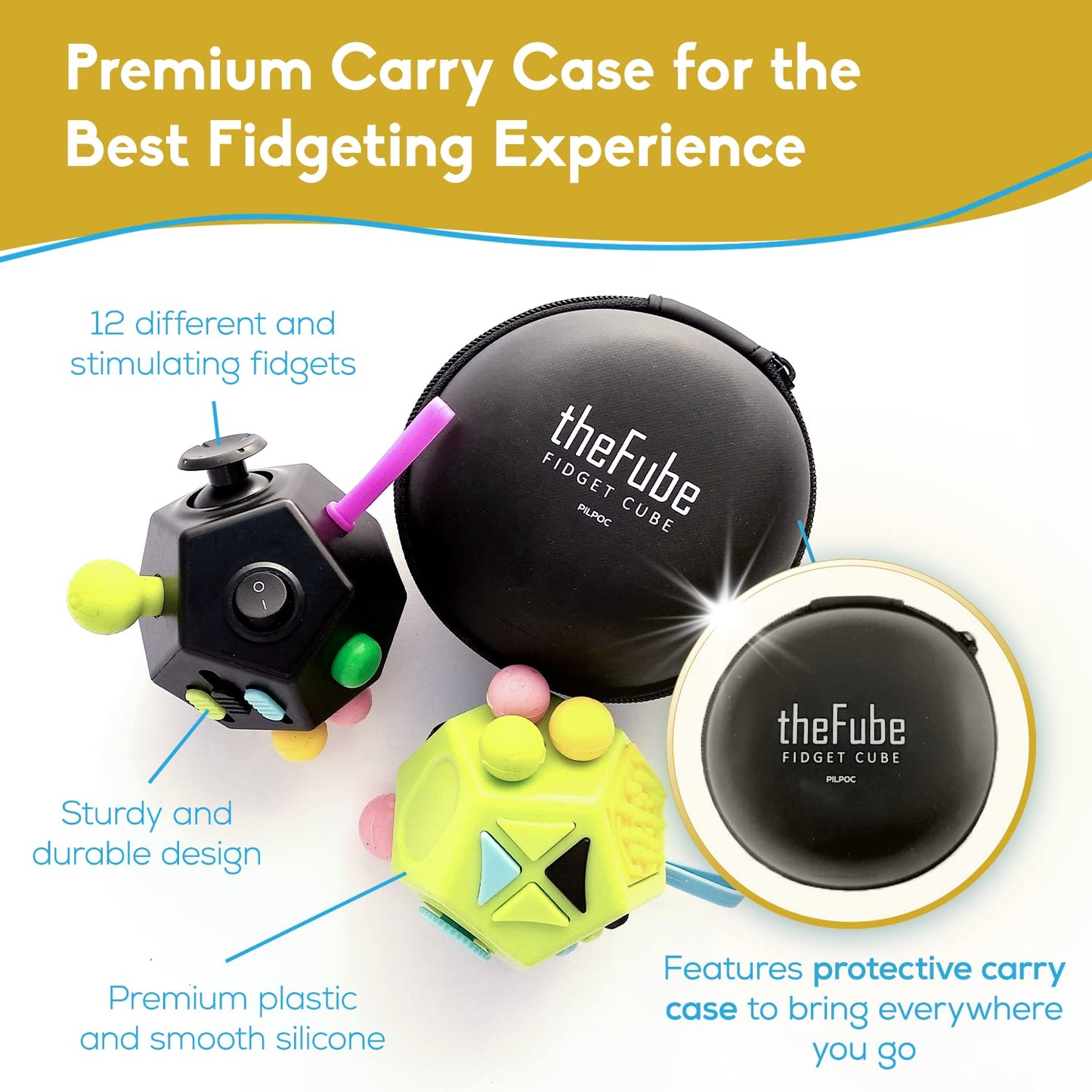 Pilpoc Thefube Fidget Cube With 12 Sides - Handy Anxiety Toys For Kids And Adults - Fidget Dice For Stress Relief & Focus - Anti Stress Cube For Adhd, Add, With Carry Case Black